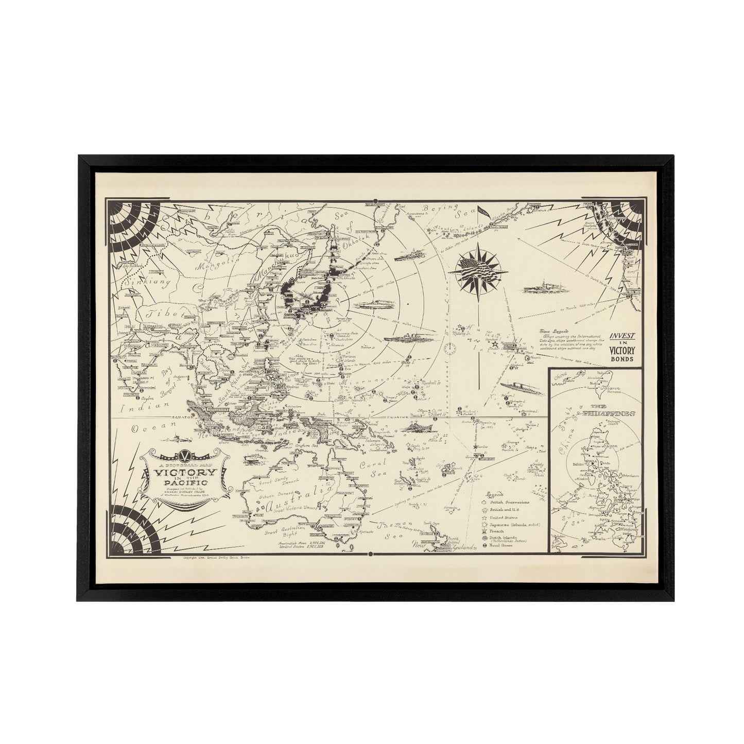 Map Ernest Dudley Chase 1944 Pacific Victory Black Framed Canvas Wall Art