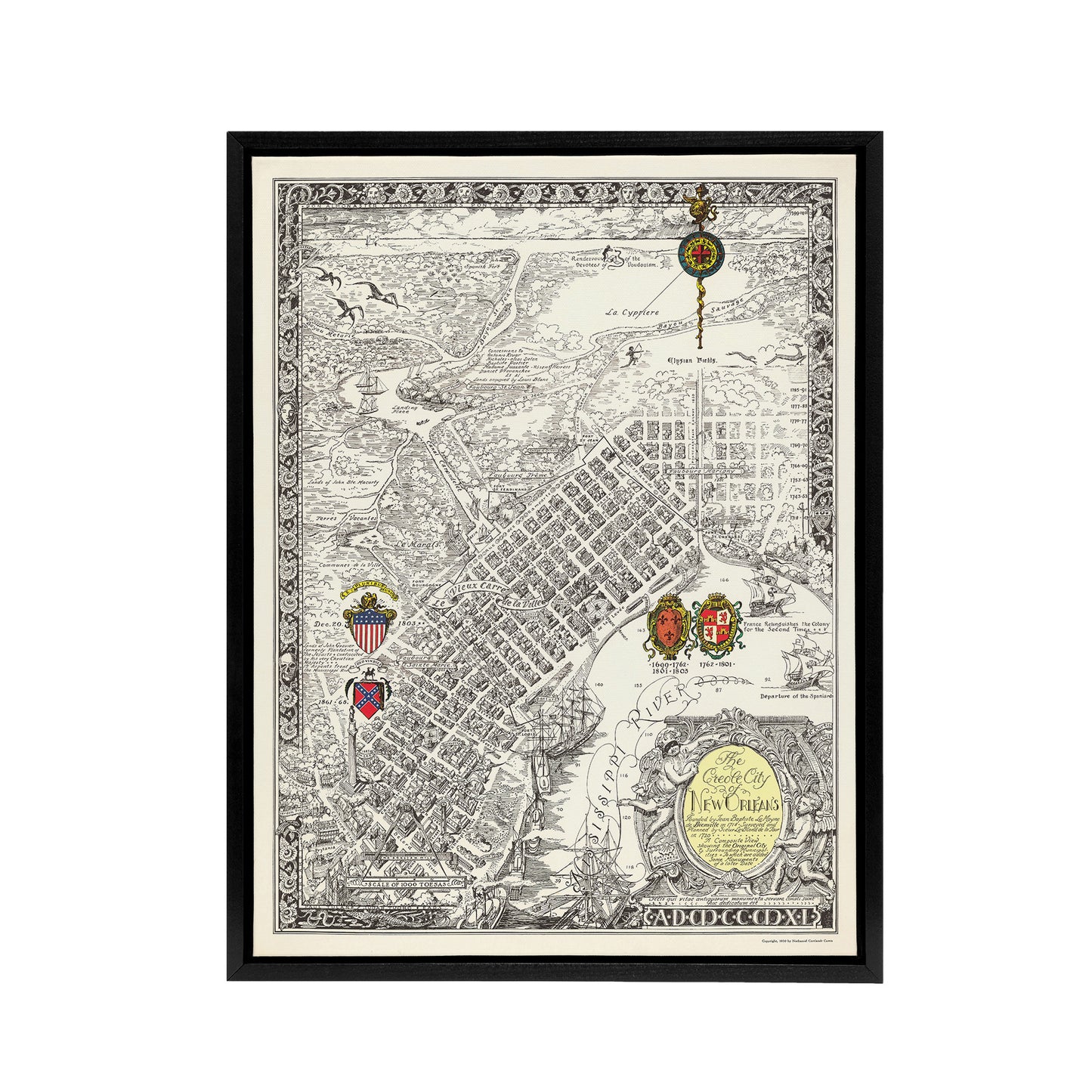 Map Curtis 1930 Creole City New Orleans Black Framed Canvas Wall Art Print