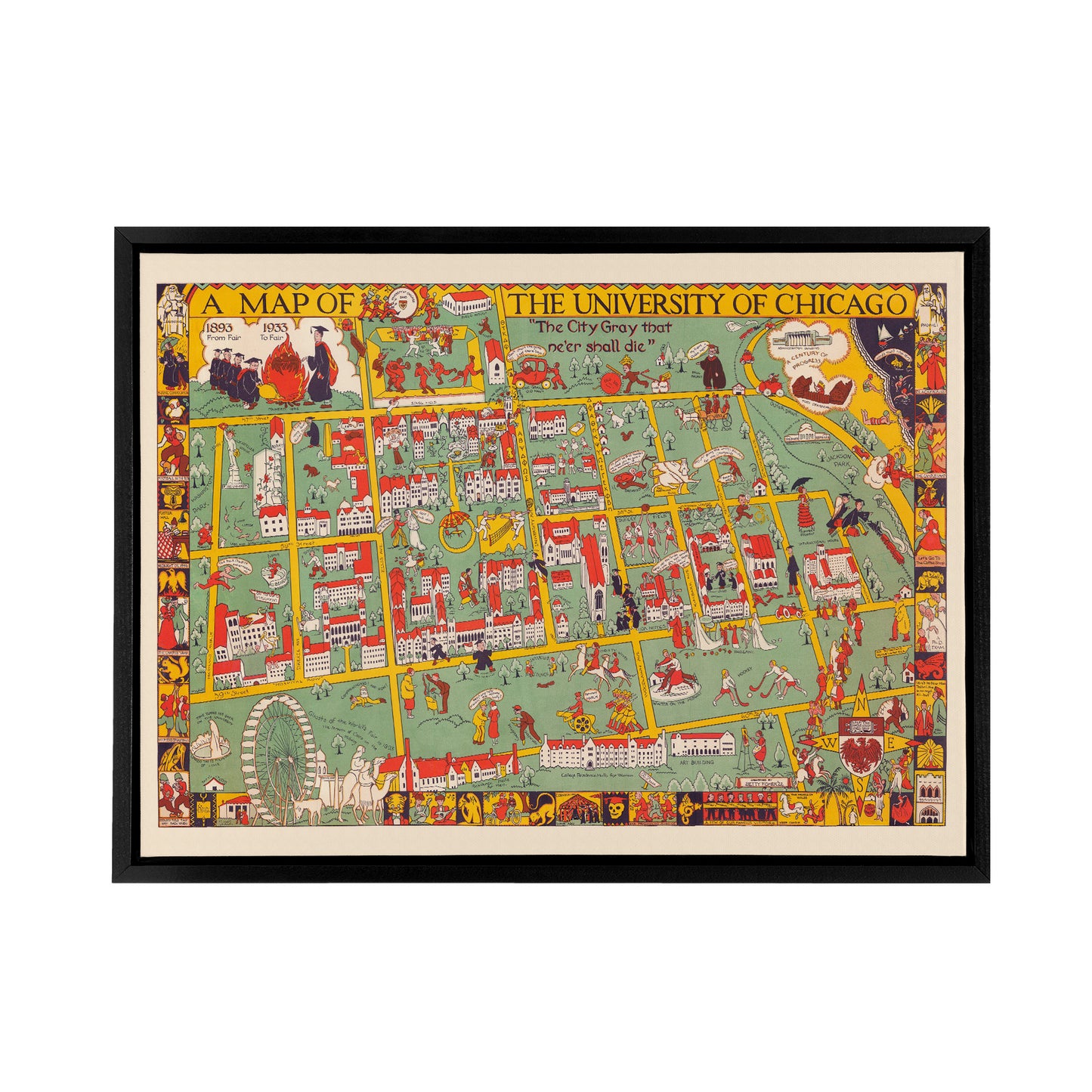 Fisher 1932 University of Chicago Map Black Framed Canvas Wall Art Print