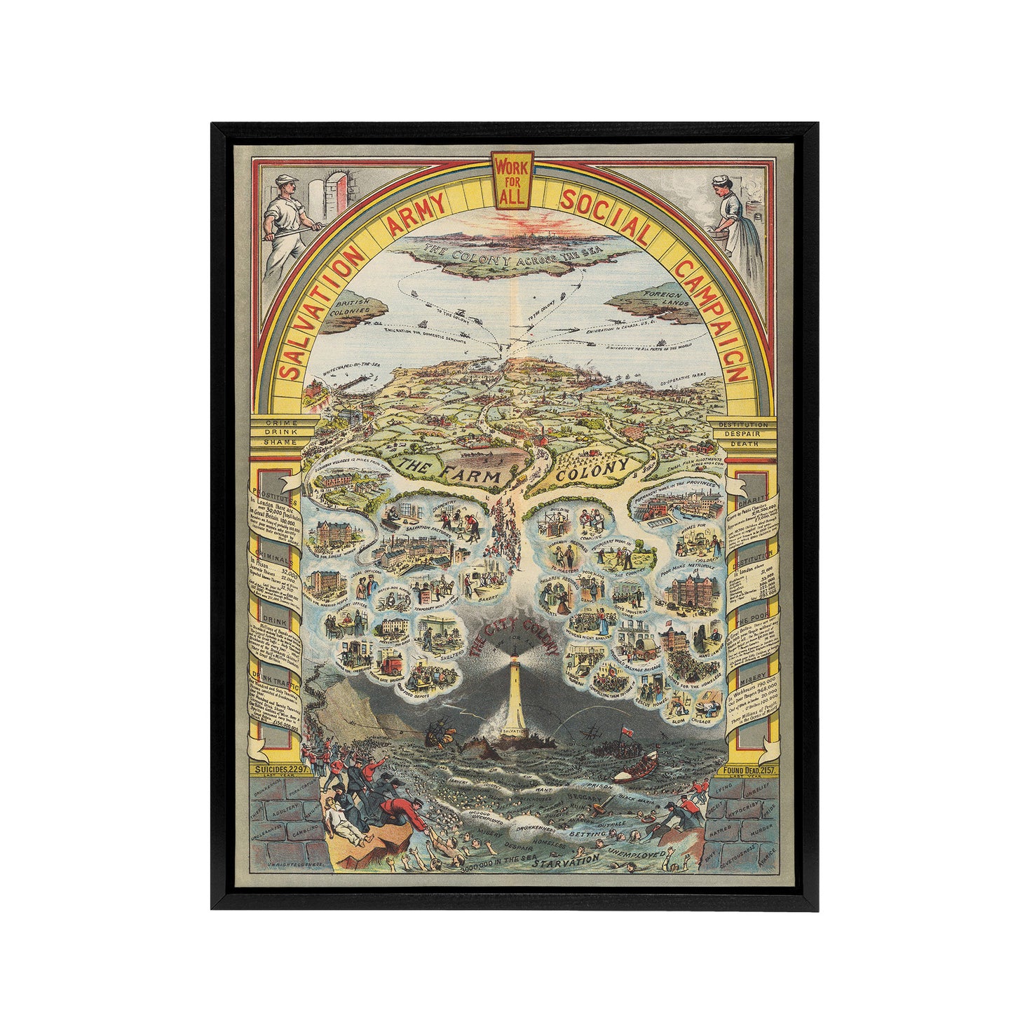 Map Salvation Army 1910 Work For All Black Framed Canvas Wall Art Print