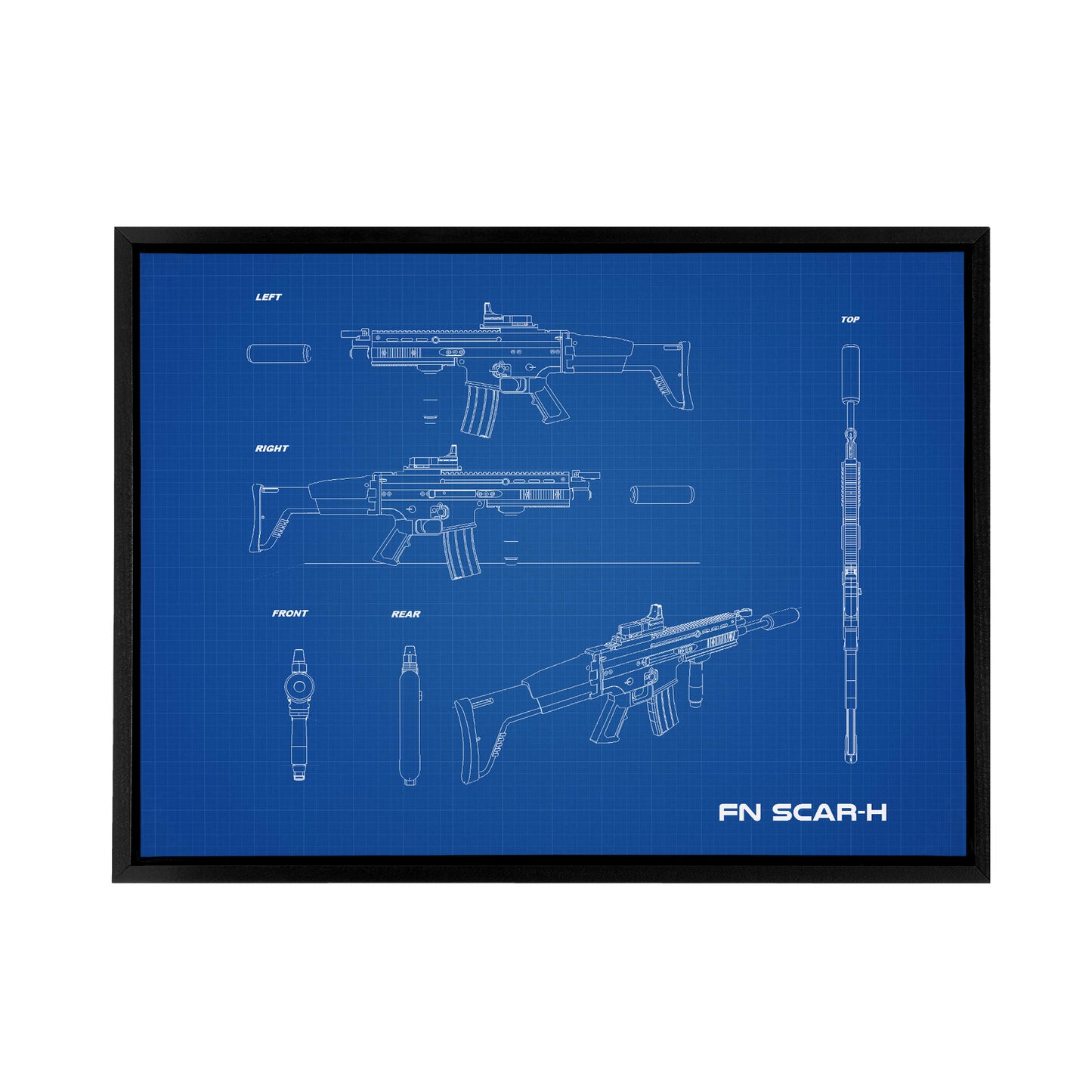 FN SCAR H Assault Rifle Blueprint Black Framed Canvas Wall Art Print