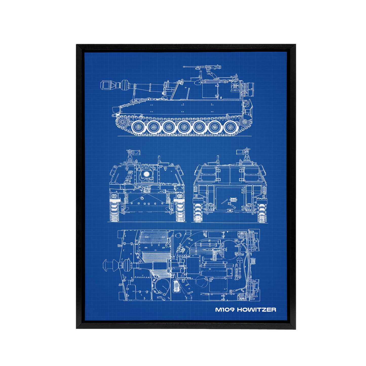 M109 Howitzer Artillery US Military Blueprint Black Framed Canvas Art