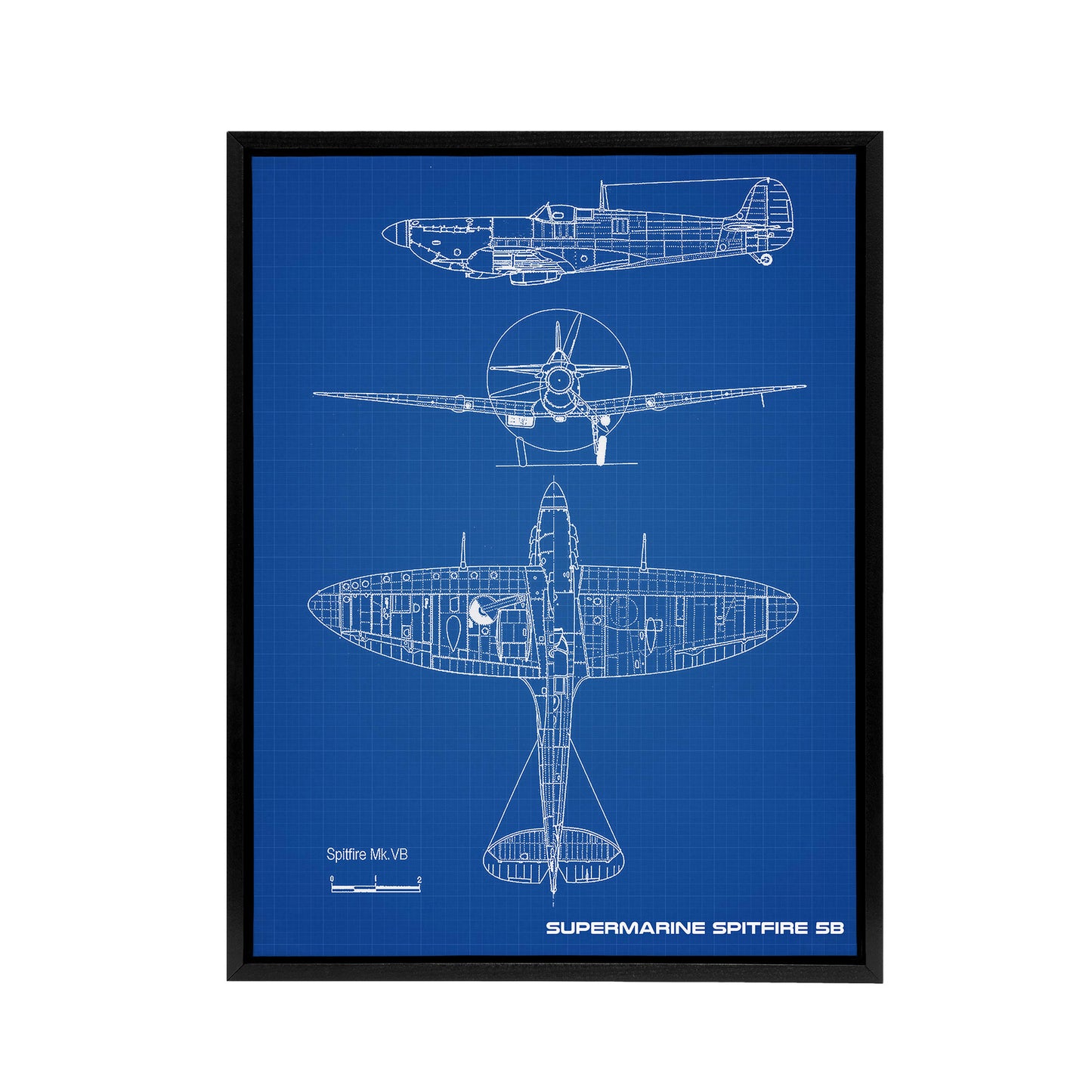 Supermarine Spitfire 5b Blueprint Black Framed Canvas Wall Art Print