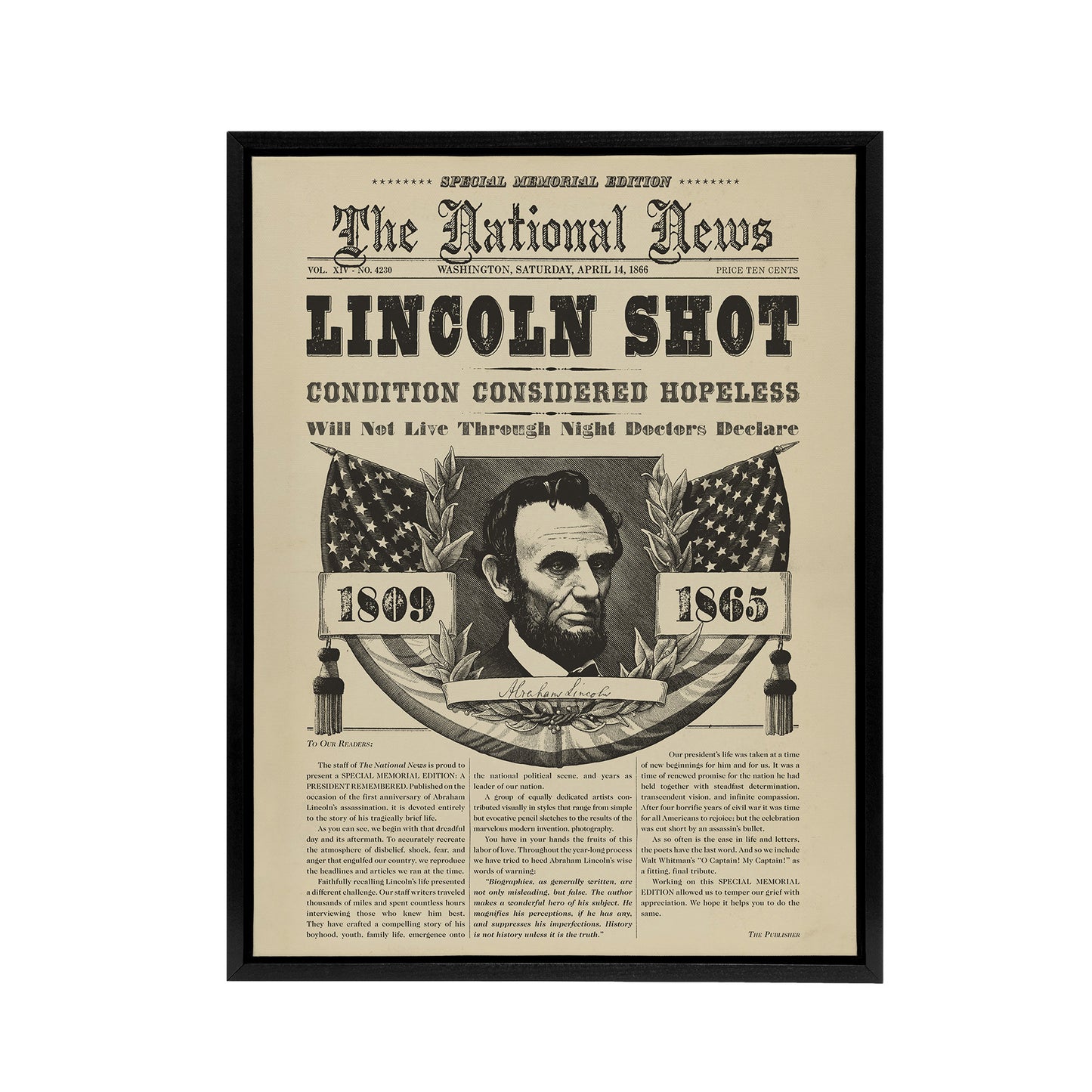 Abraham Lincoln Shot Newspaper Front Page Black Framed Canvas Art Print