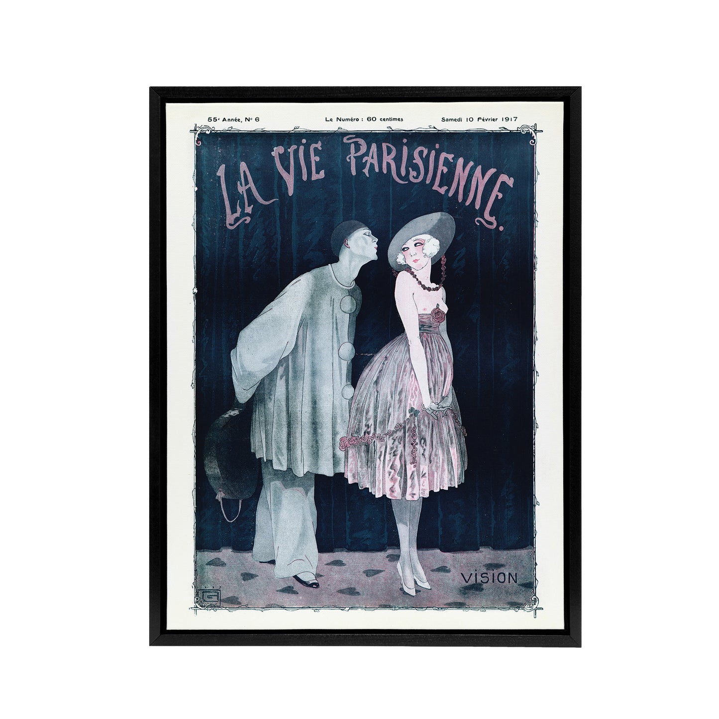 La Vie Parisienne Kissing Pierrot Clown Black Framed Canvas Wall Art Print