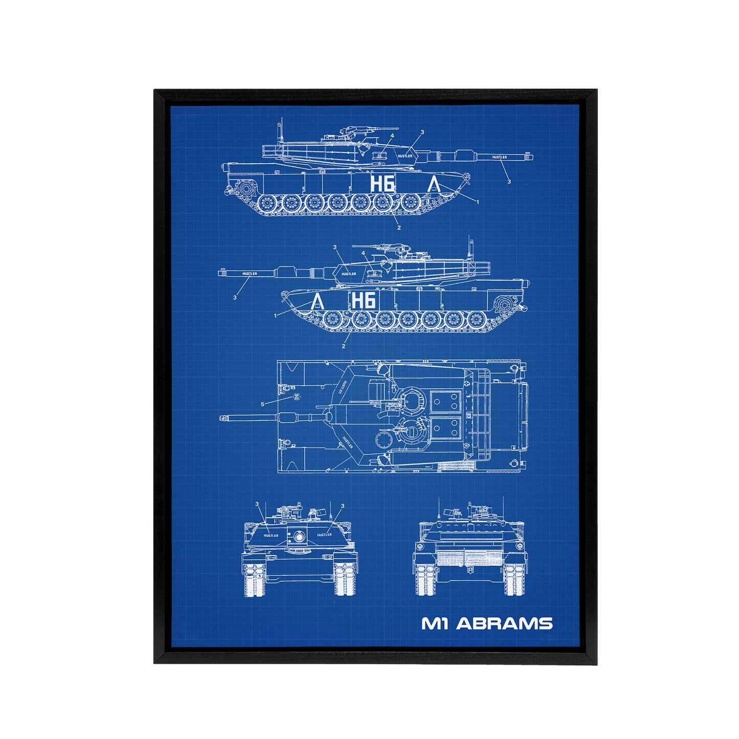 M1 Abrams US Main Battle Tank Blueprint Black Framed Canvas Wall Art Print