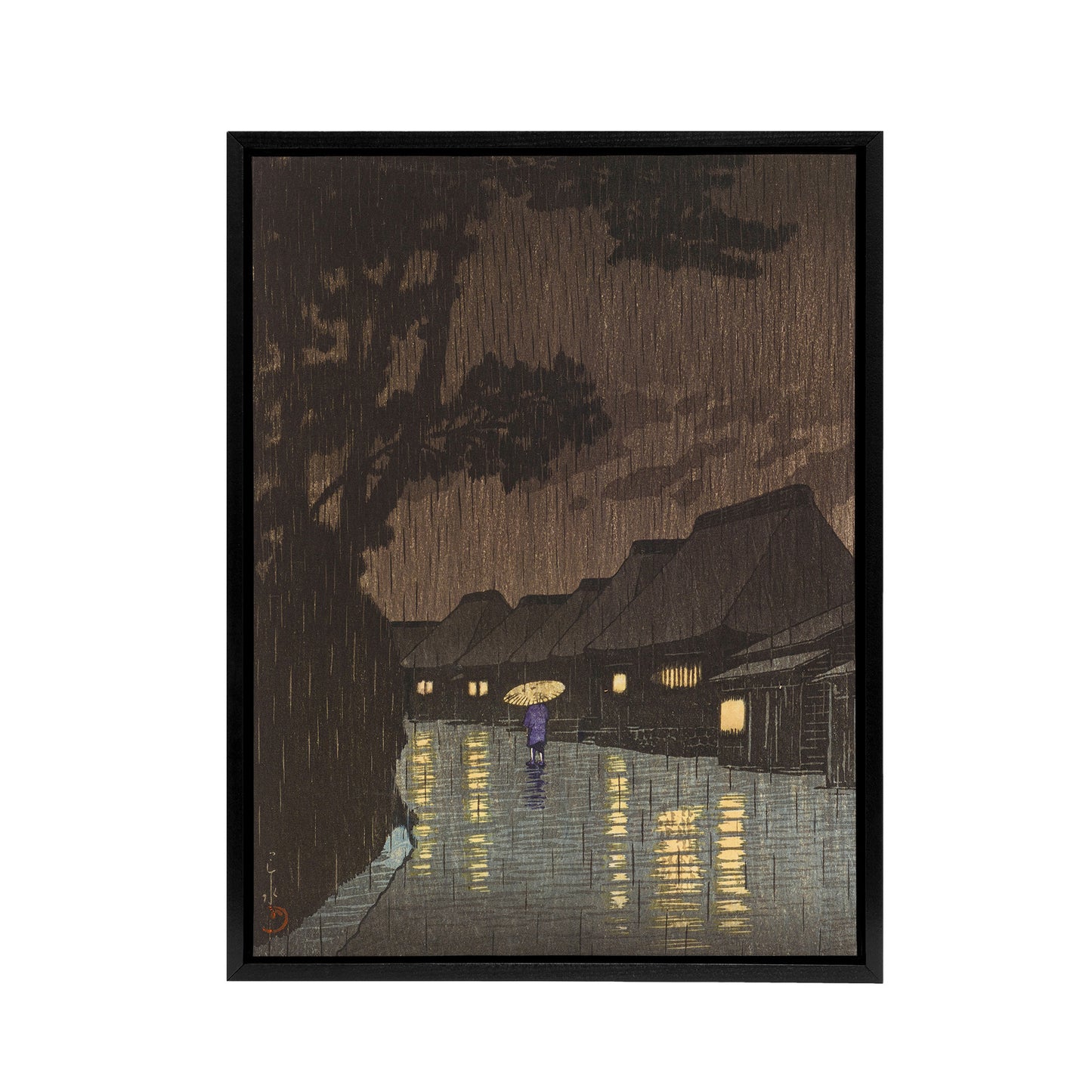 Hasui Rain At Maekawa Sochu Black Framed Canvas Japanese Wall Art Print