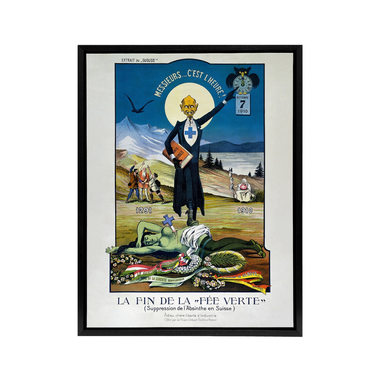 Swiss Vintage Anti Absinthe Advert Black Framed Canvas Wall Art Print