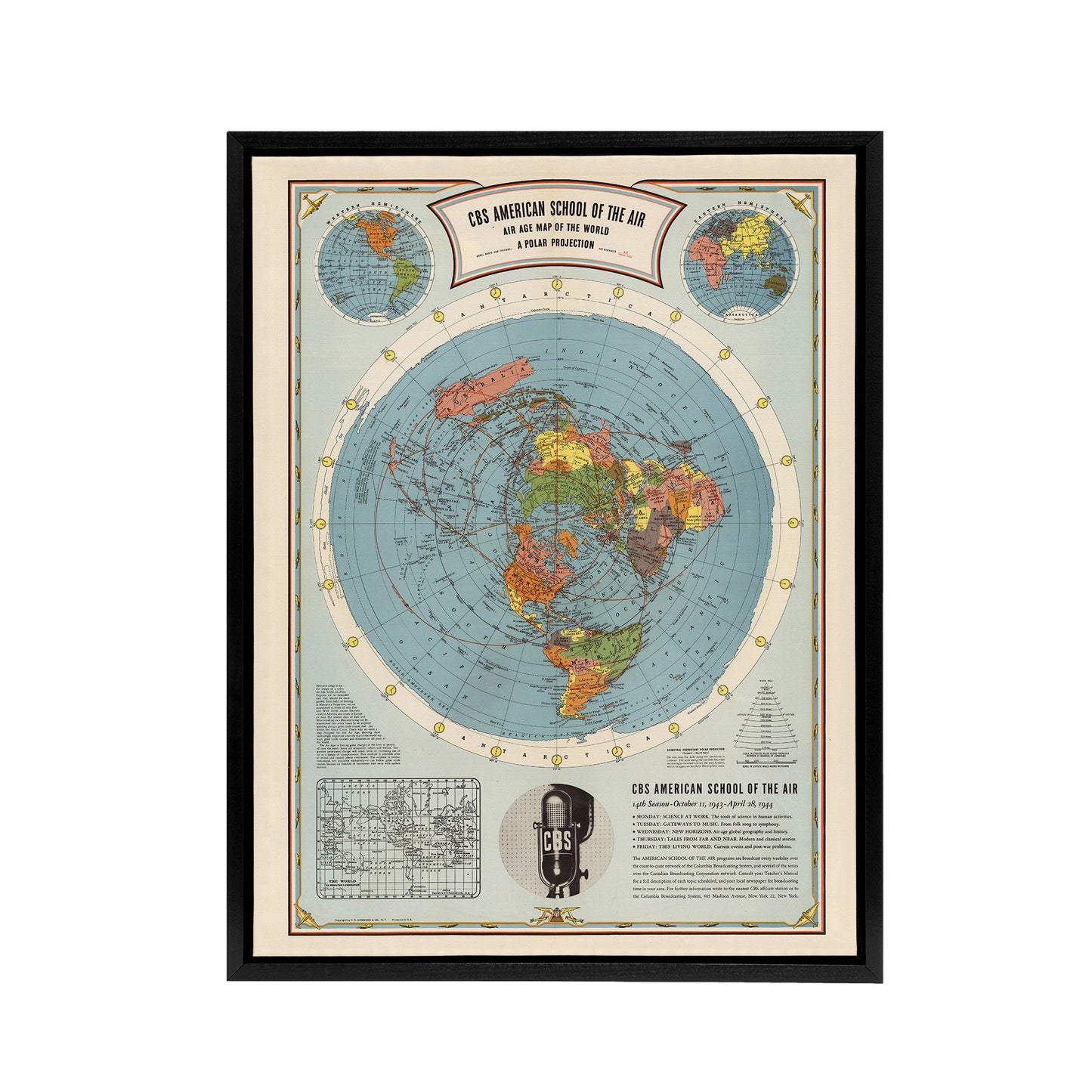 American School Of The Air Age World Map Black Framed Canvas Art Print