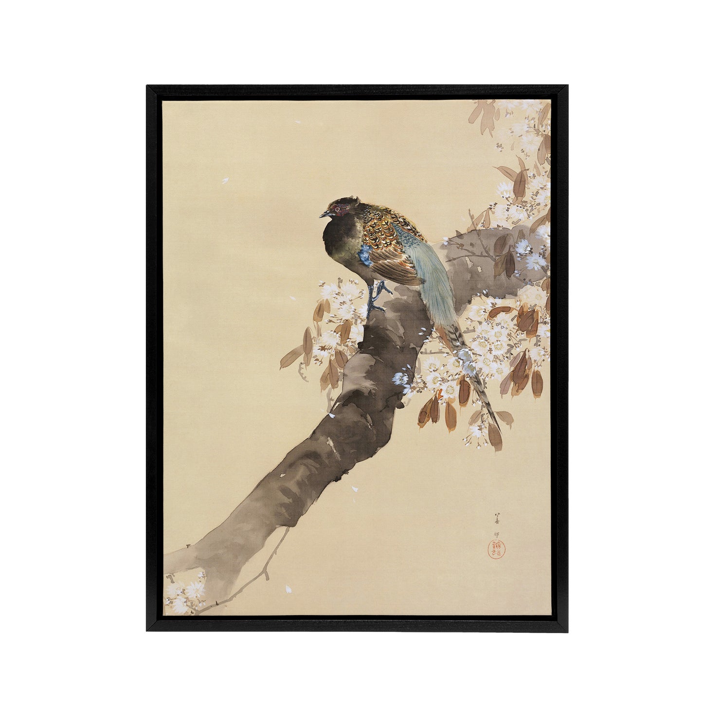 Pheasant On Cherry Blossom Branch Framed Canvas Wall Art Print Koson