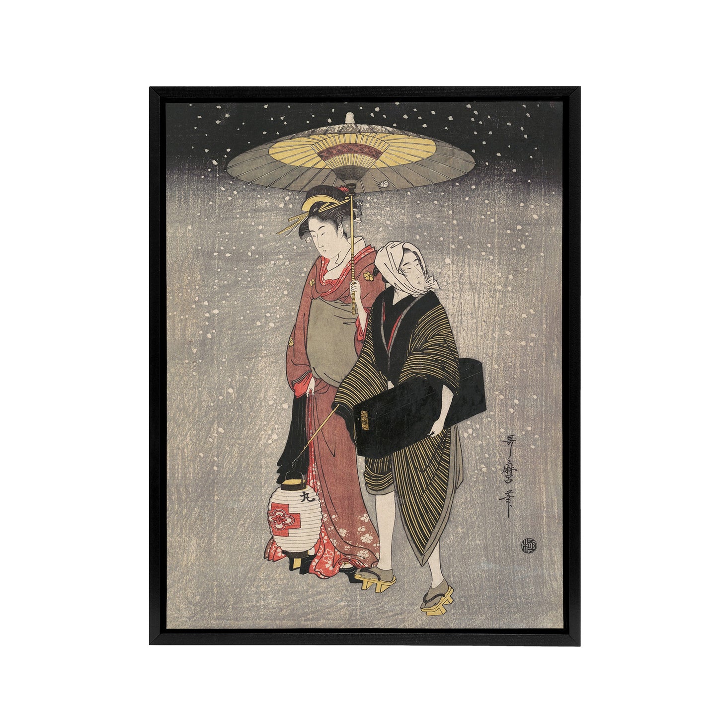 Geisha Walking Snow At Night Framed Canvas Wall Art Print Kitagawa