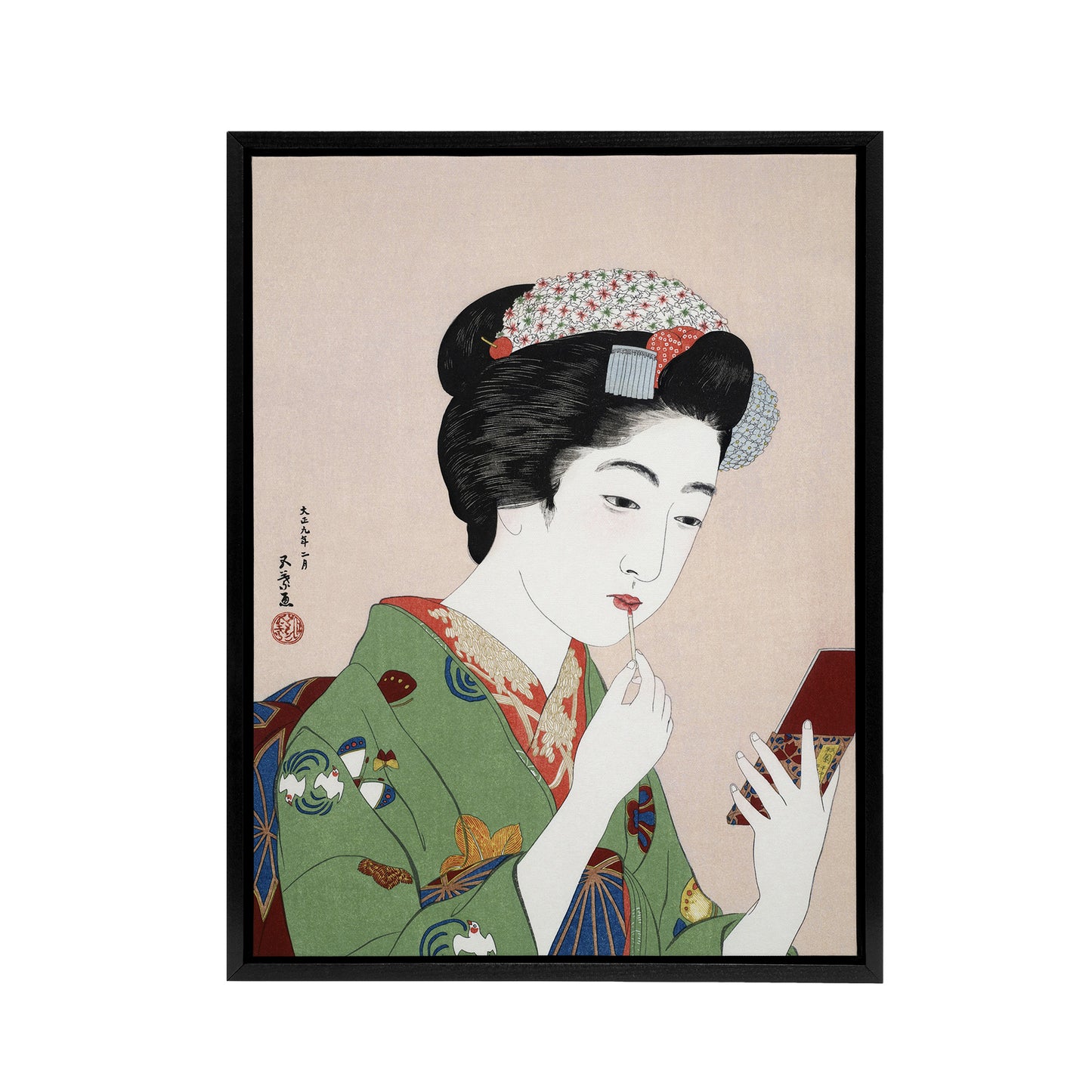 Woman Applying Rouge Lipstick Framed Canvas Wall Art Print Hashiguchi