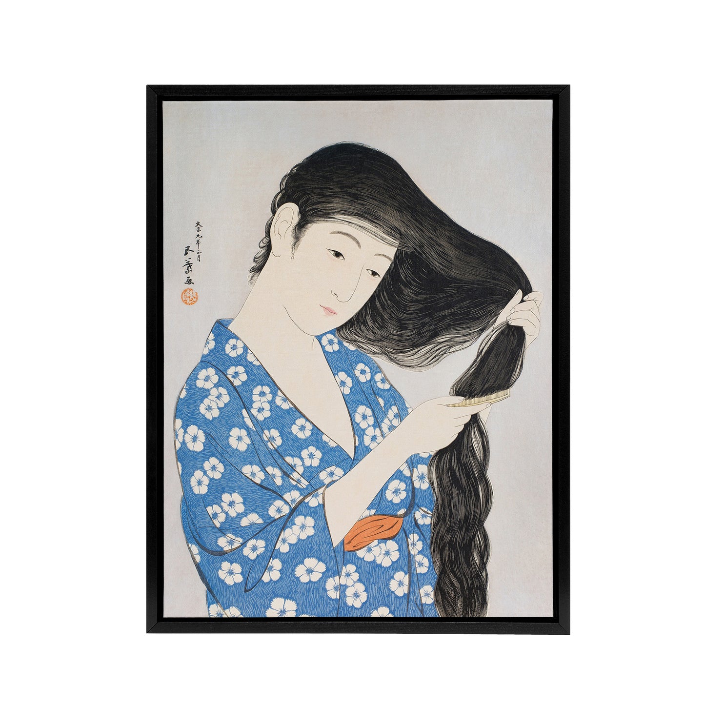 Woman Combing Her Hair Framed Canvas Wall Art Print Goyo Hashiguchi