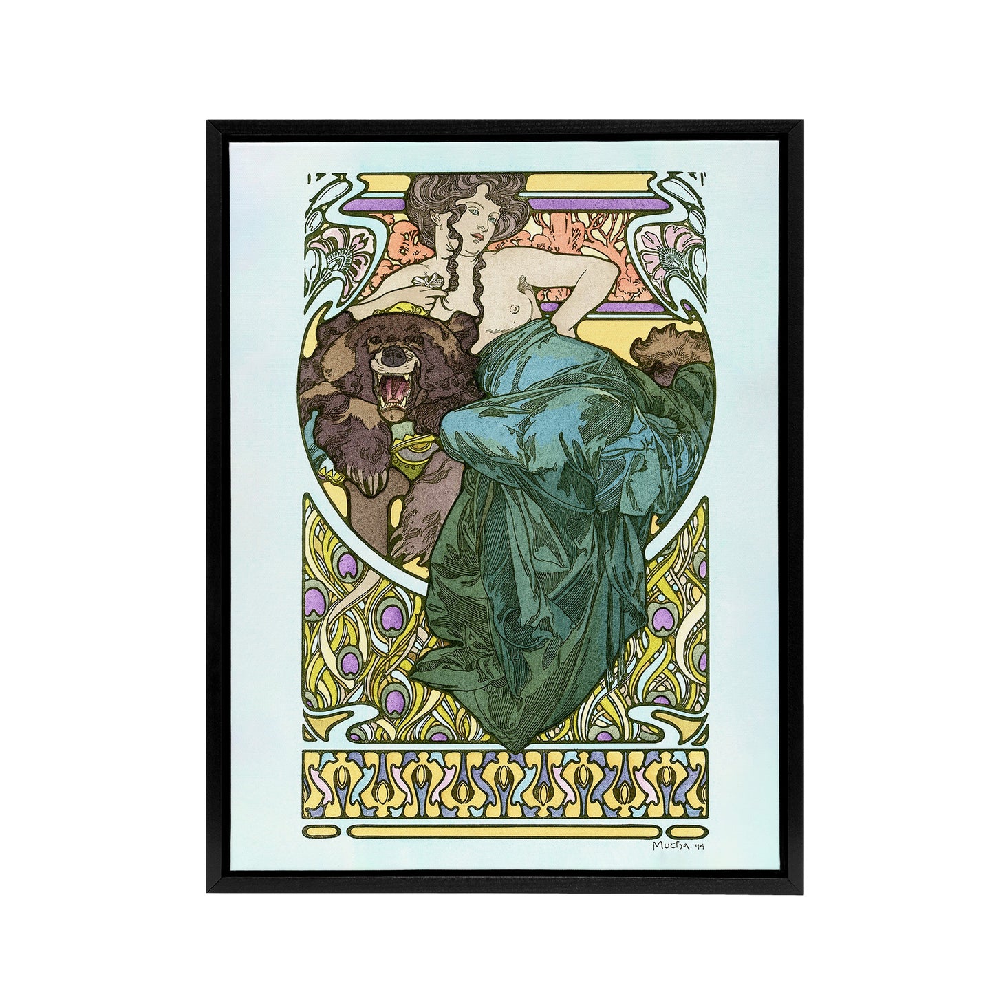 Woman Reclining on a Bearskin French Framed Canvas Wall Art Print Mucha