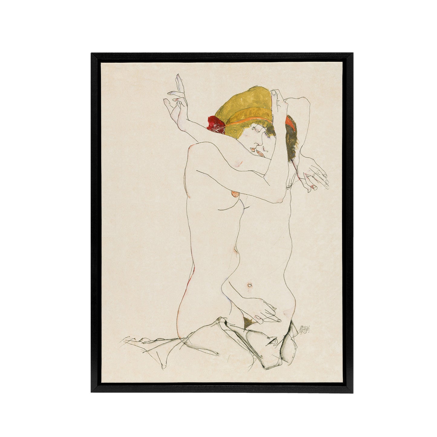 Two Women Embracing Painting Nude Framed Canvas Wall Art Print Schiele