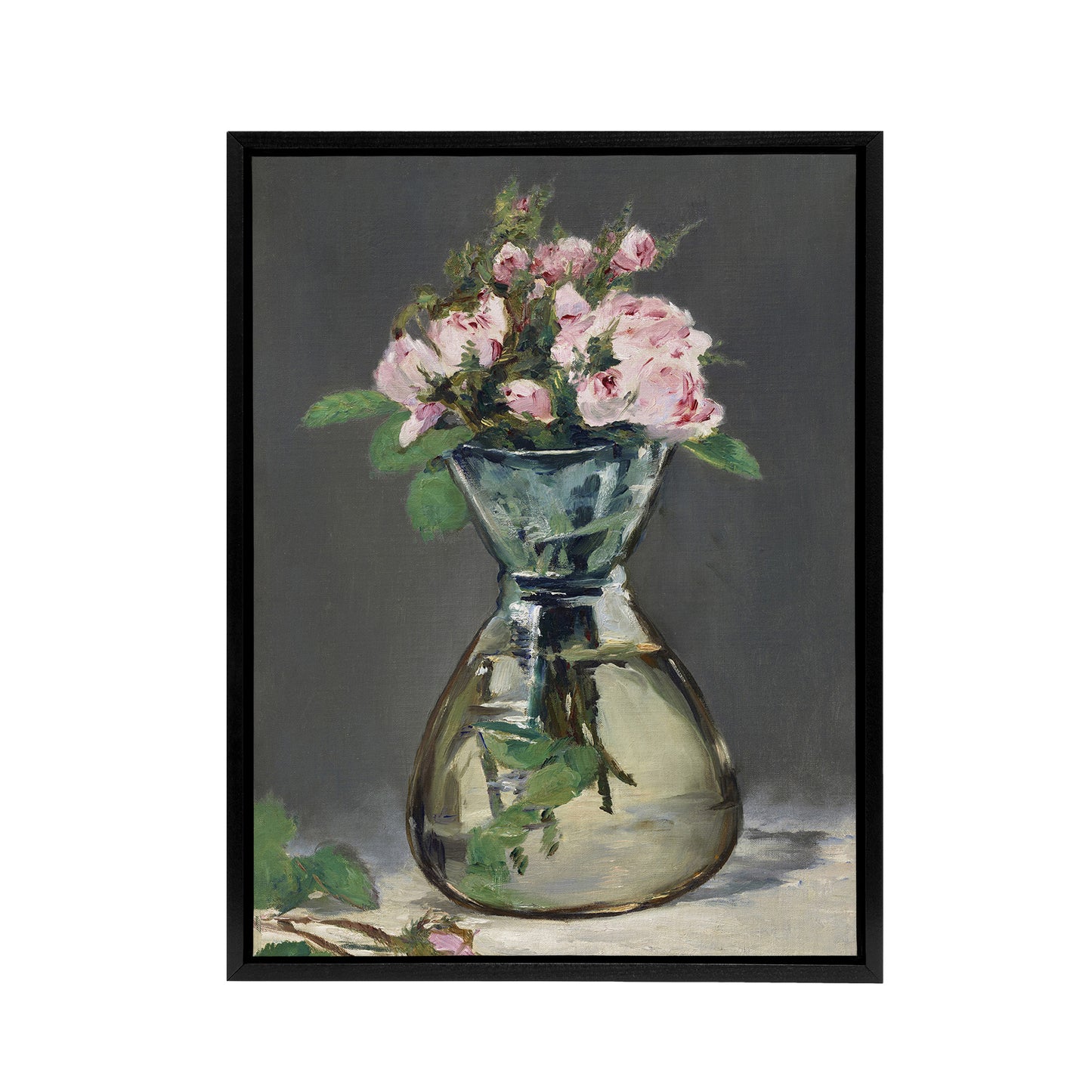 Moss Roses in a Vase Oil Painting Manet Vintage Framed Canvas Wall Art