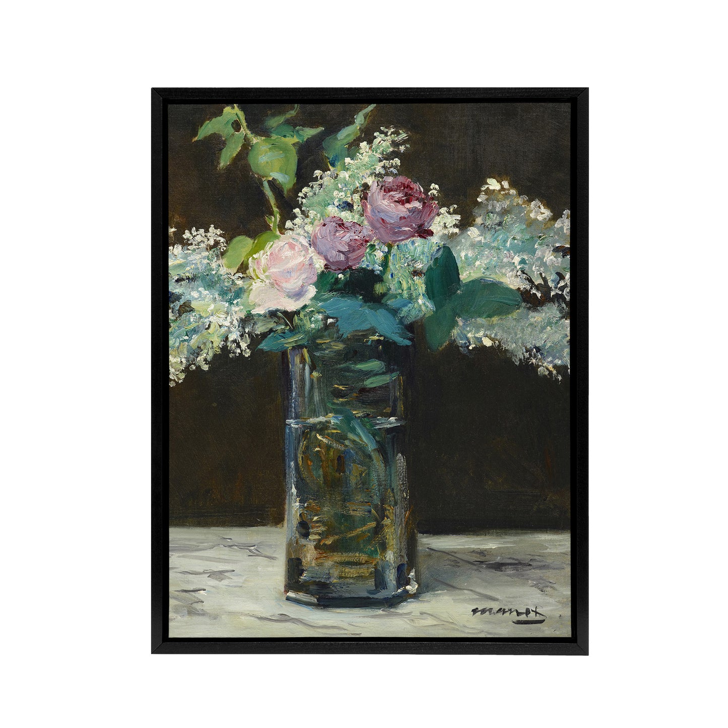 Vase of White Lilacs and Roses Manet Vintage Black Framed Canvas Wall Art