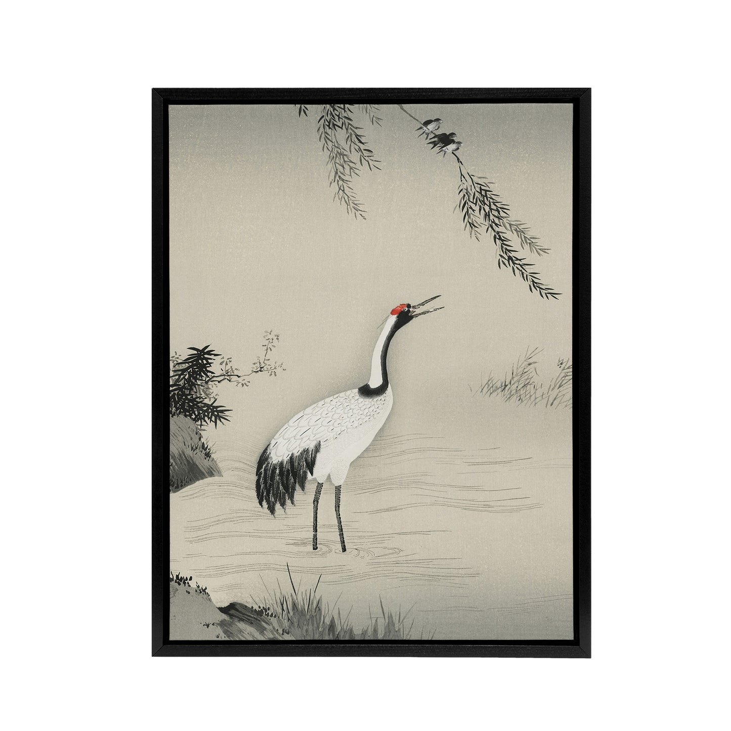 Japanese Crane and Swallows Motonobu Vintage Black Framed Canvas Wall Art