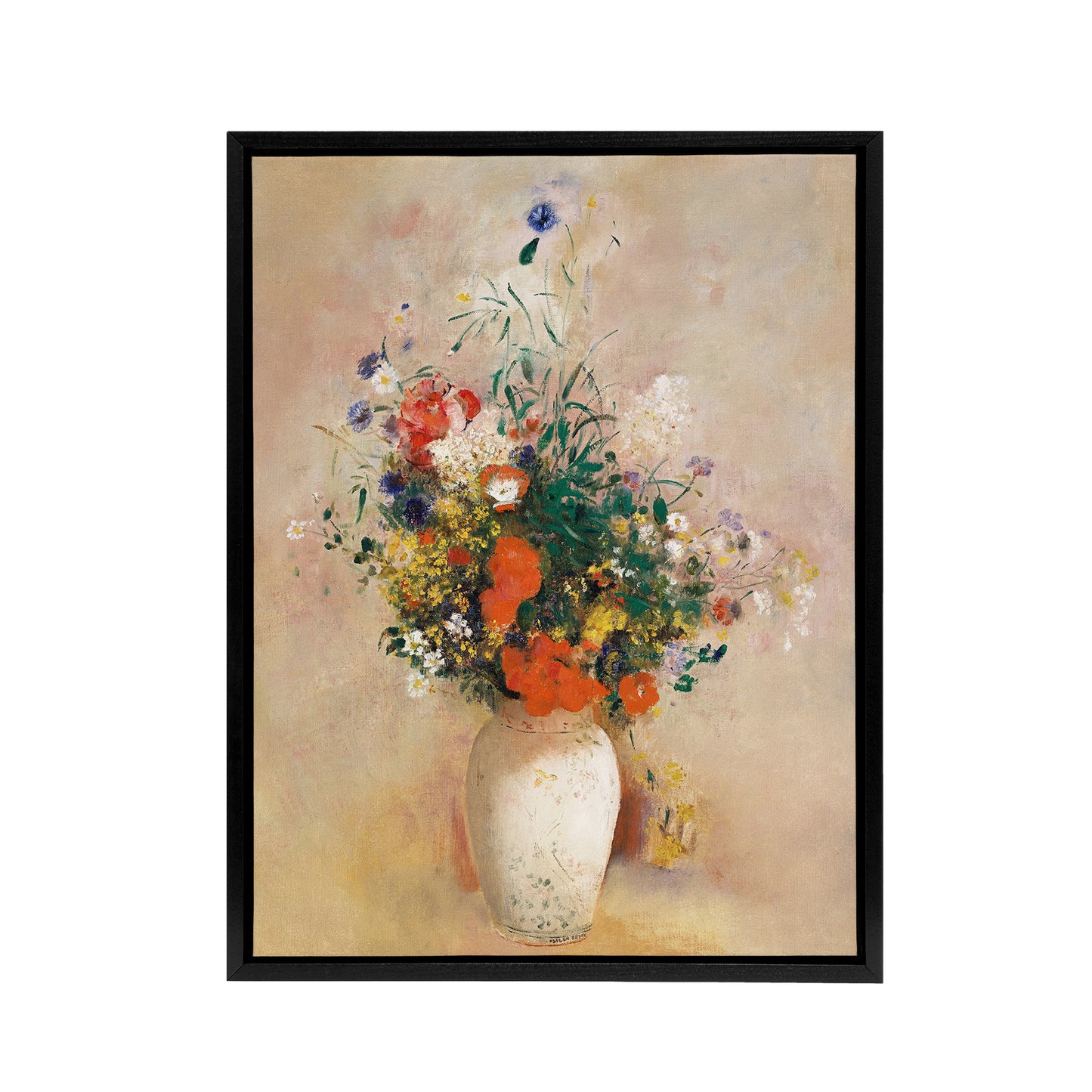 Vase of Flowers in Pink Background Redon Vintage Framed Canvas Wall Art