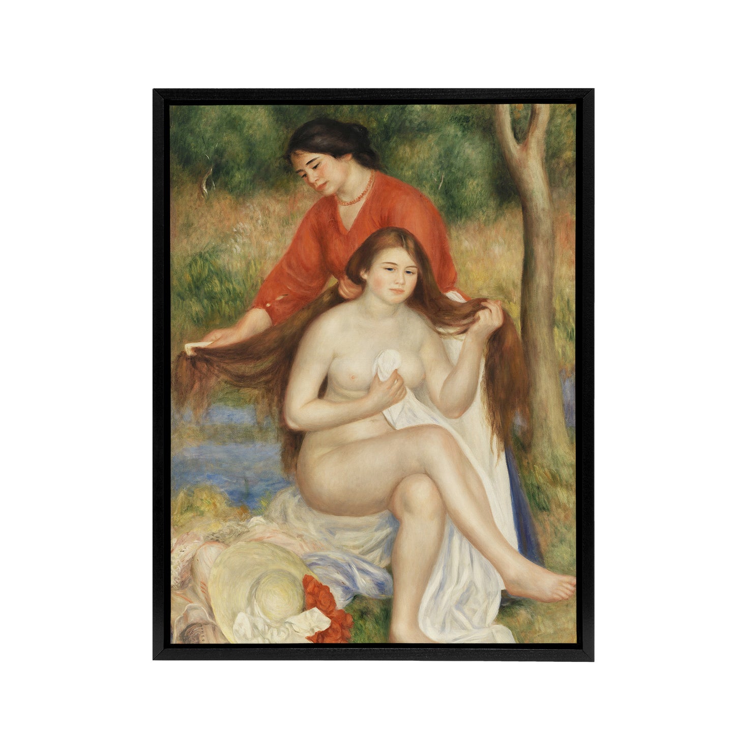 Bather and Maid Combing Hair Renoir Vintage Black Framed Canvas Wall Art