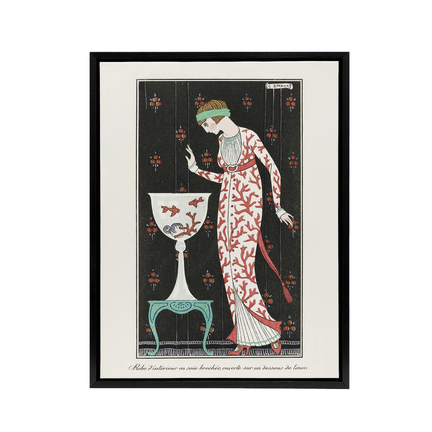 Coral Evening Dress Fashion Advert Barbier Black Framed Canvas Wall Art