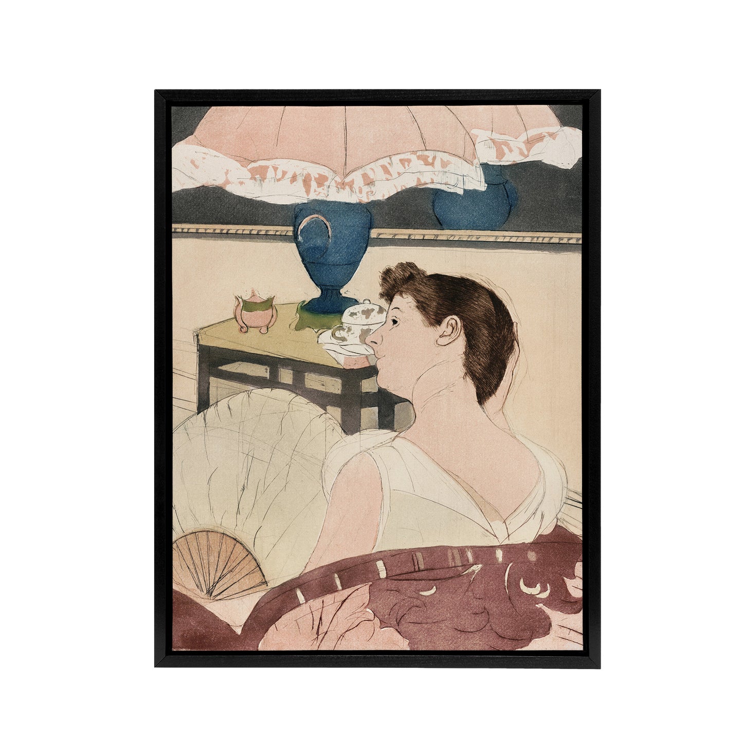 The Lamp Woman With Fan Painting Cassatt Vintage Framed Canvas Wall Art