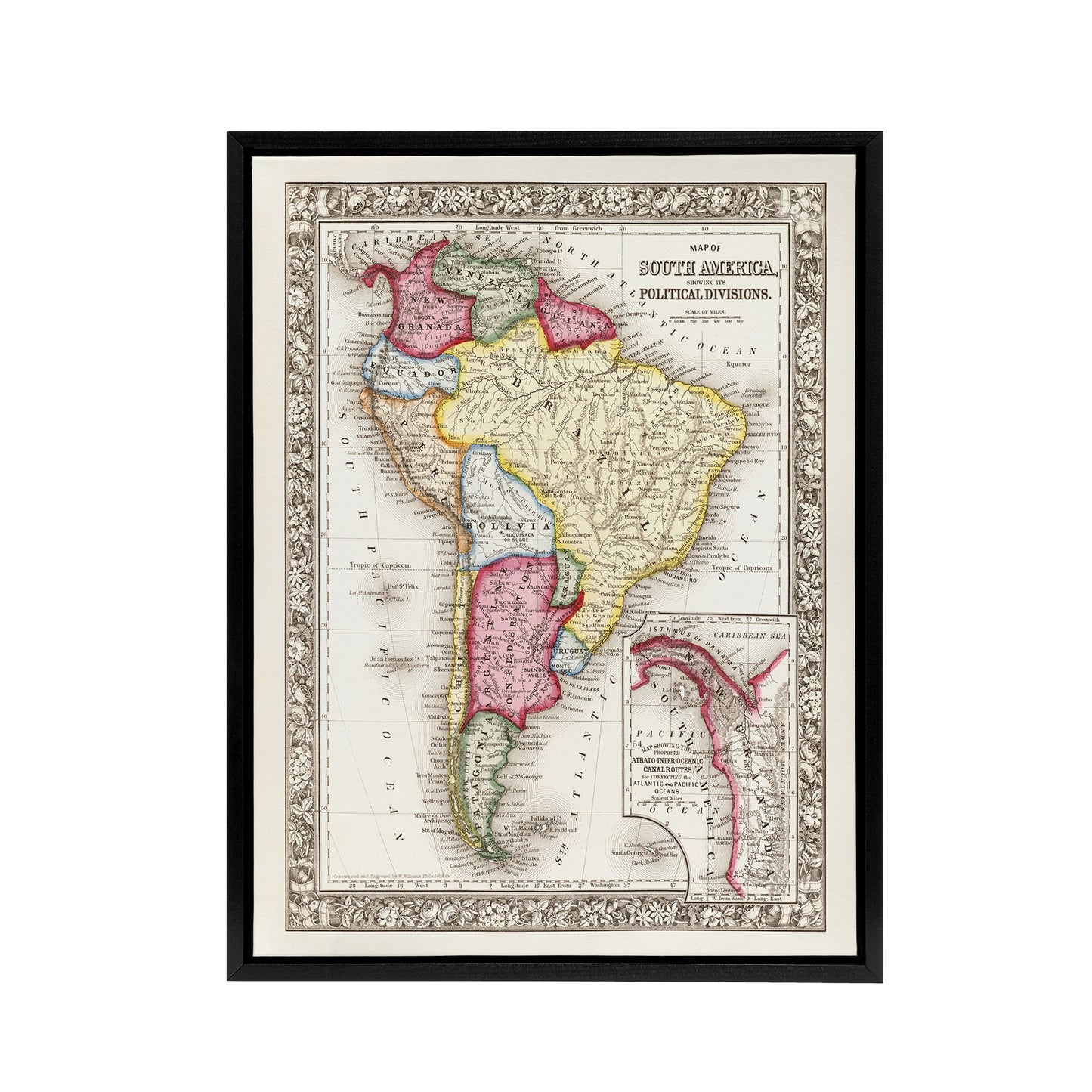 South America Political Divisions Map Mitchell Framed Canvas Wall Art Print