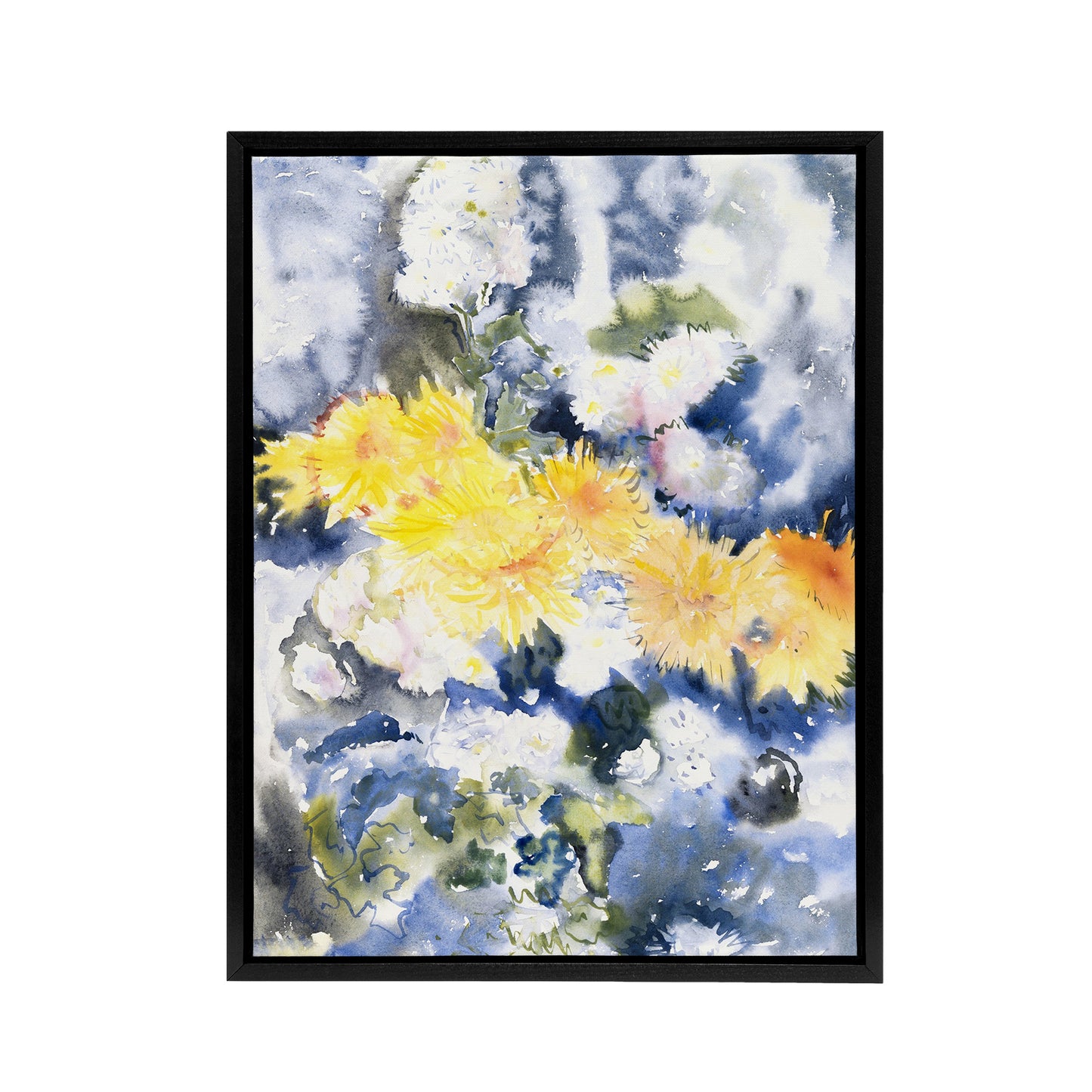 Yellow and Blue Floral Watercolour Demuth Framed Canvas Wall Art Print