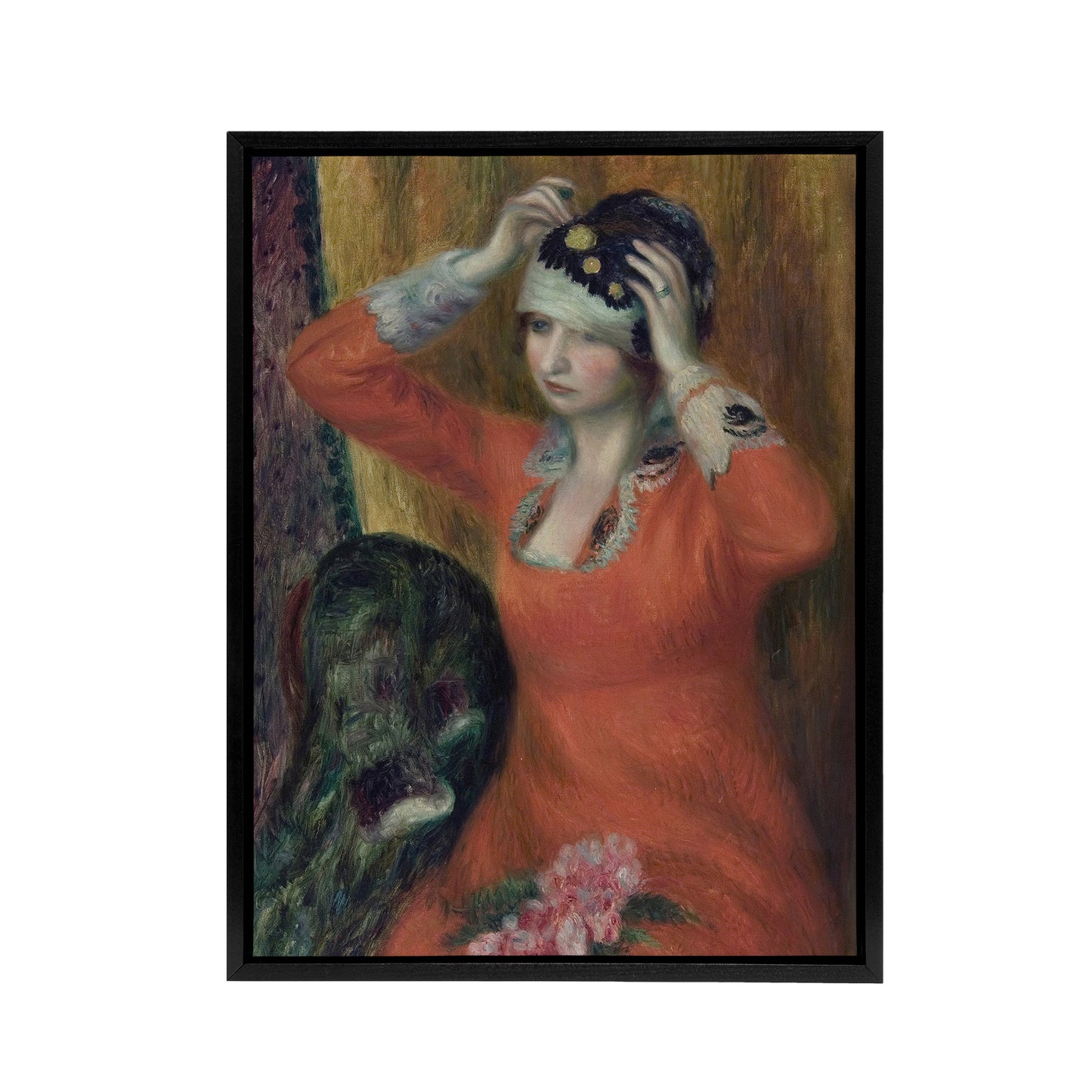 Girl in Red Dress Pinning on Hat Glackens Framed Canvas Wall Art Print