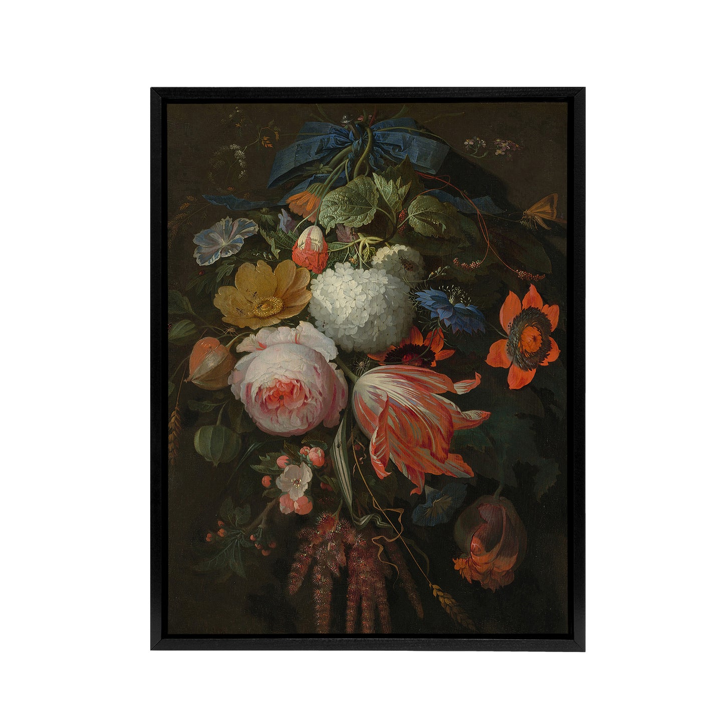 Hanging Bouquet of Flowers Abraham Mignon Black Framed Canvas Wall Art