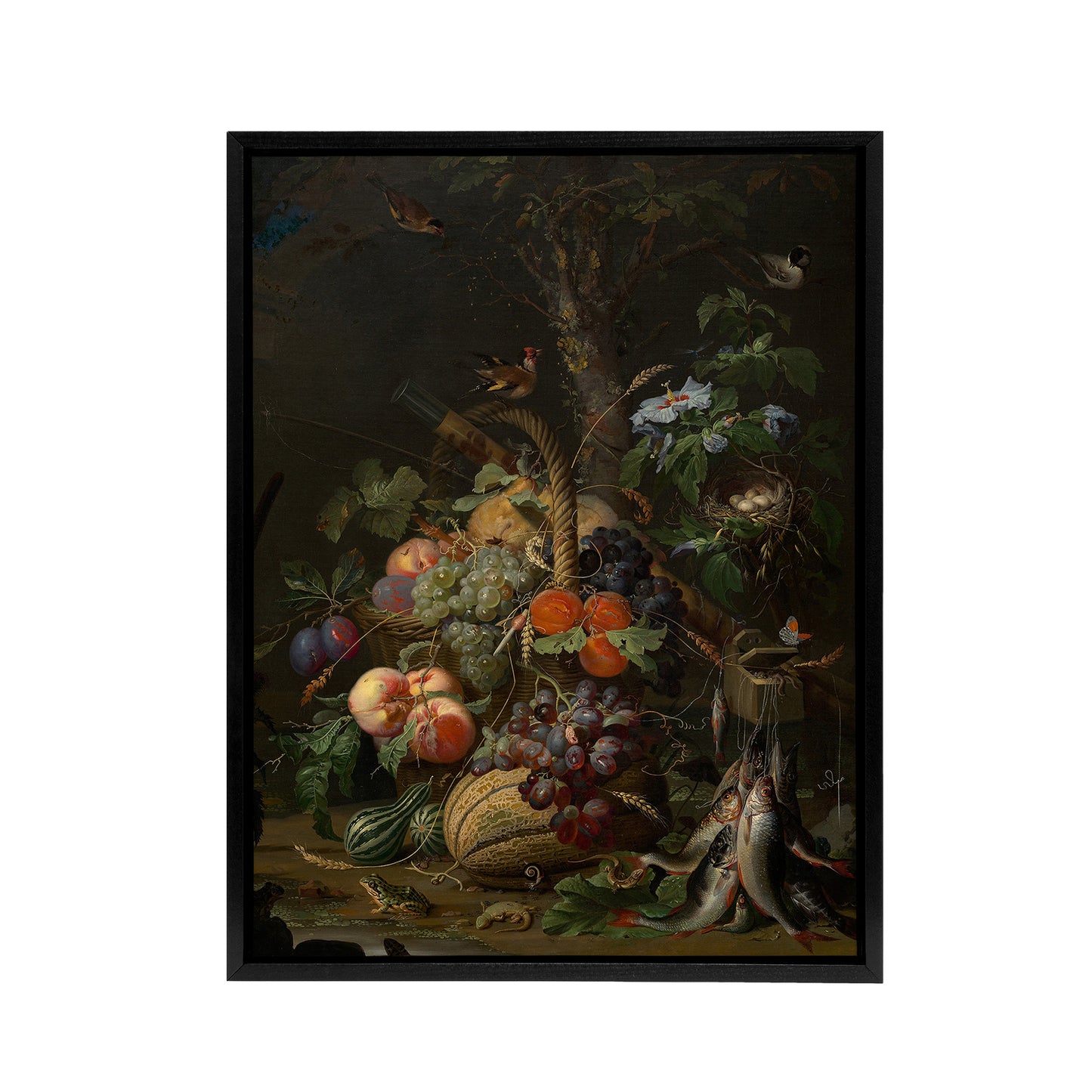 Still Life with Fruit Fish and a Nest Mignon Black Framed Canvas Wall Art