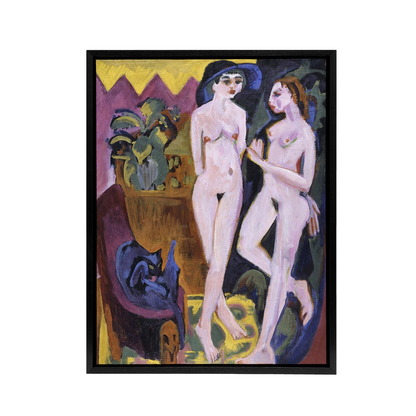Cat and Two Nudes in a Room Kirchner Black Framed Canvas Wall Art Print