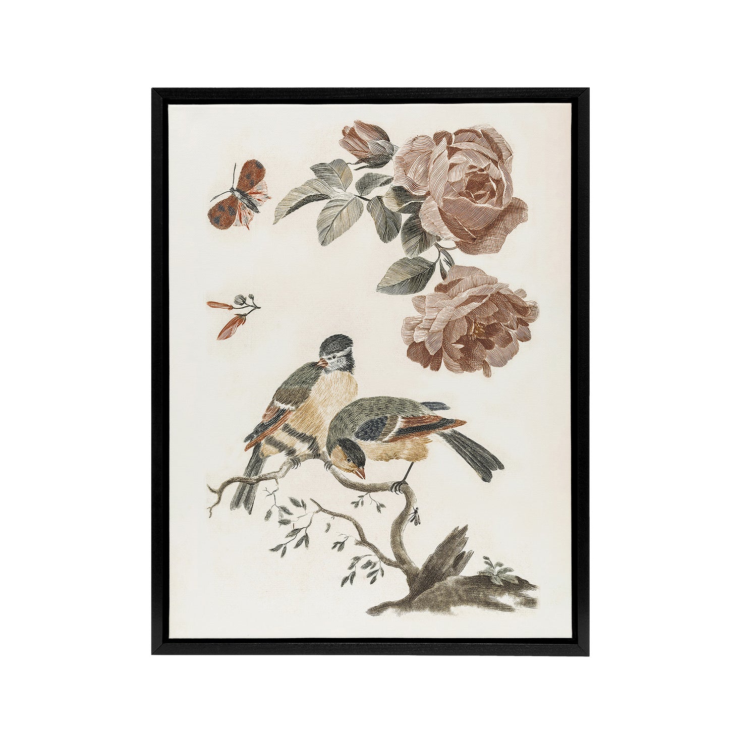 Roses Butterfly A Blue and Great Tit Teyler Black Framed Canvas Wall Art