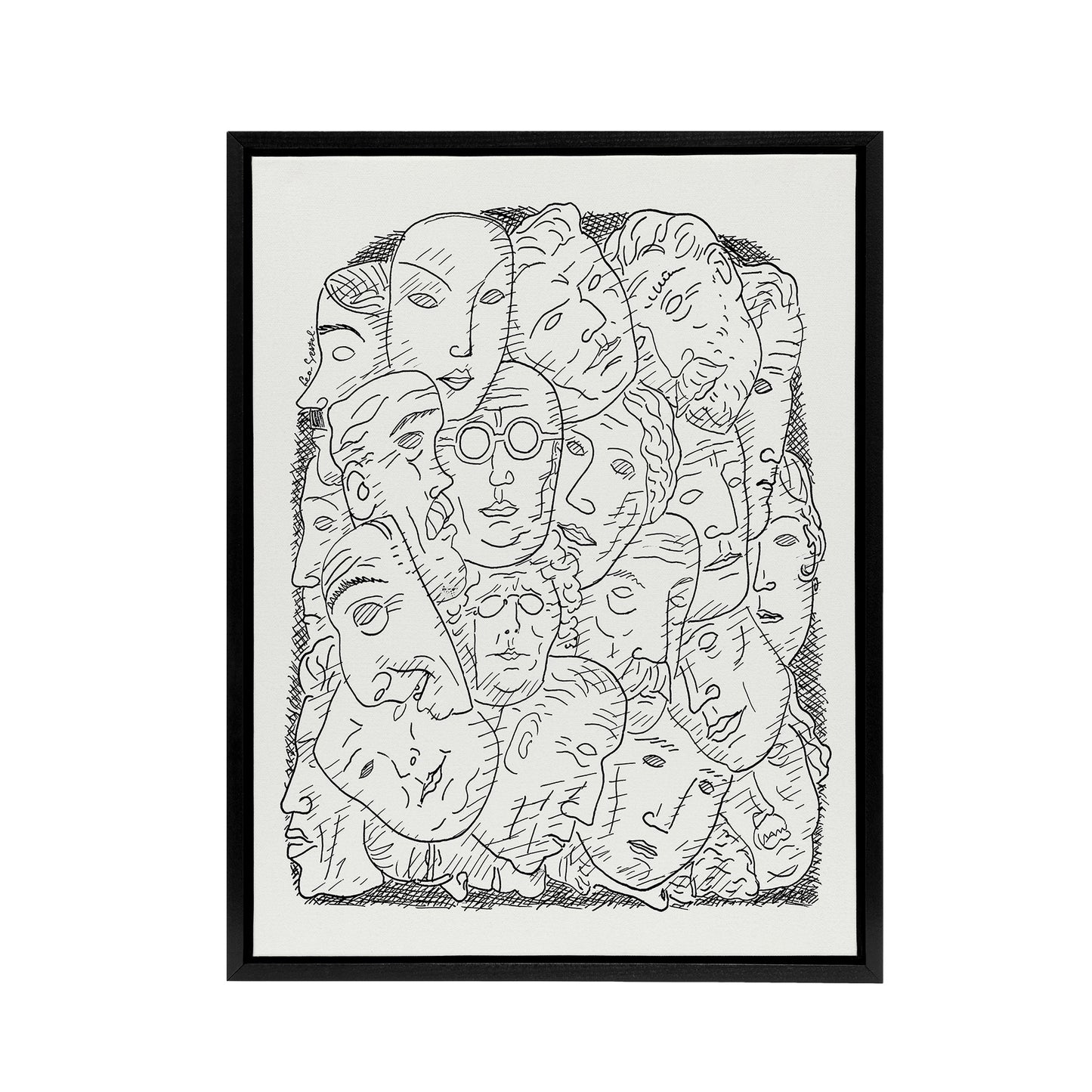 Maskers Masks Black And White Drawing Gestel Black Framed Canvas Wall Art