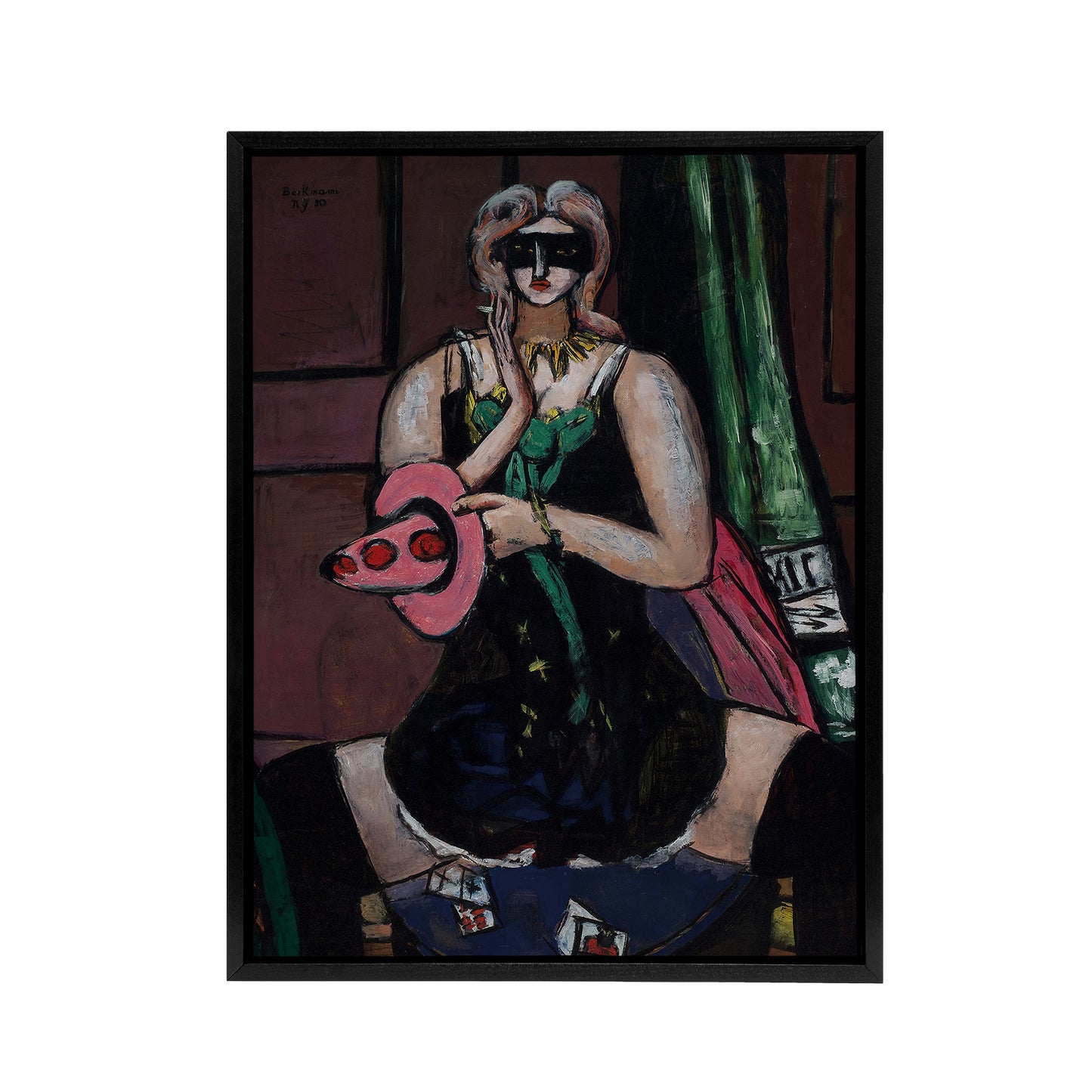 Carnival Mask Green Violet and Pink Beckmann Black Framed Canvas Wall Art