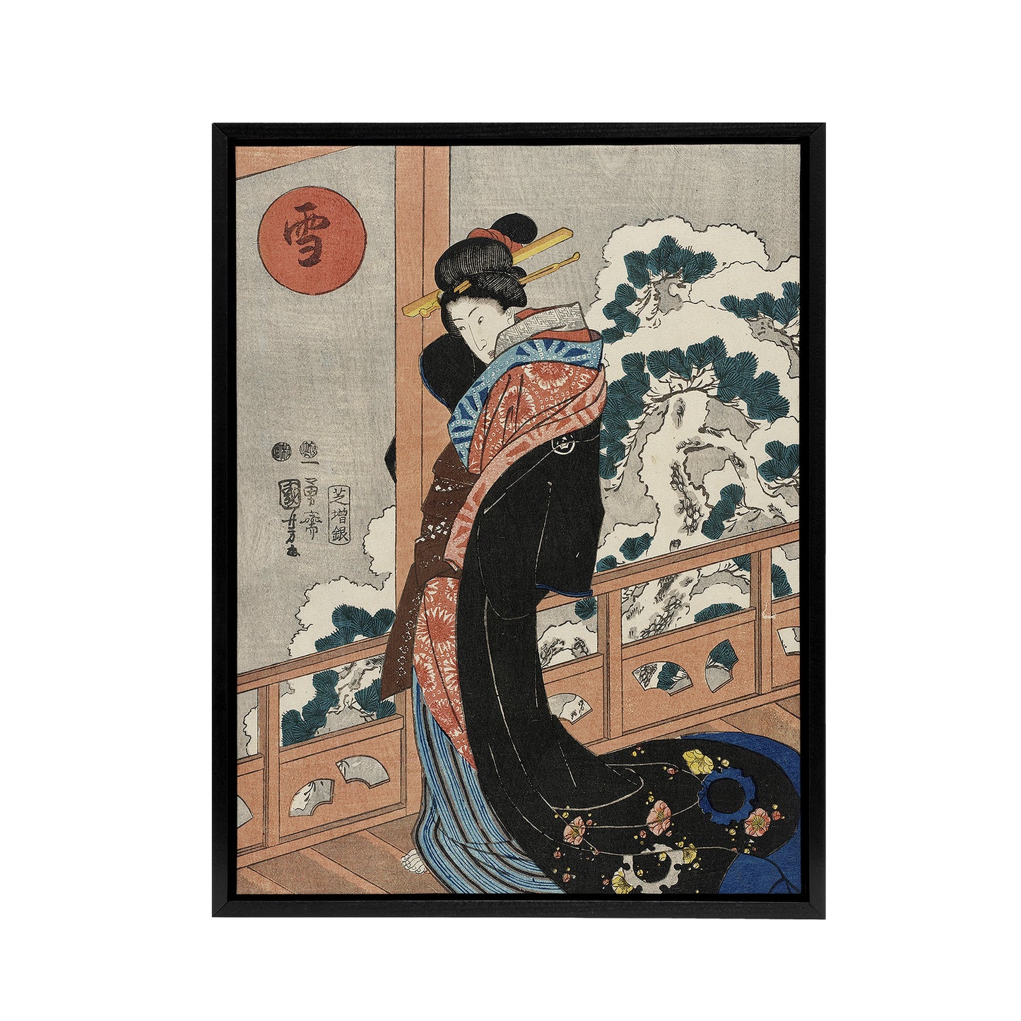 Beauty on Veranda Vintage Japan Ukiyo E Kuniyoshi Framed Canvas Wall Art