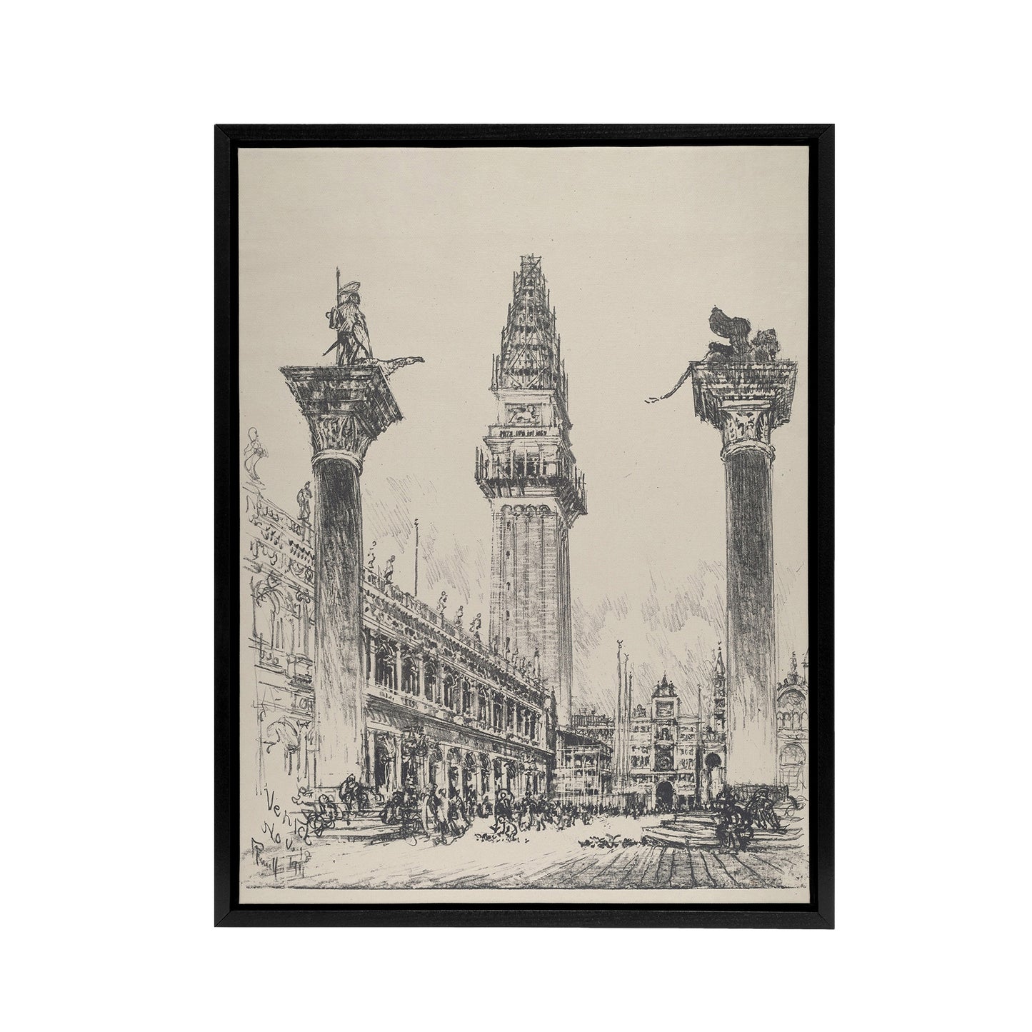 Joseph Pennell Venice Rebuilding the Campanile Black Framed Canvas Art Print