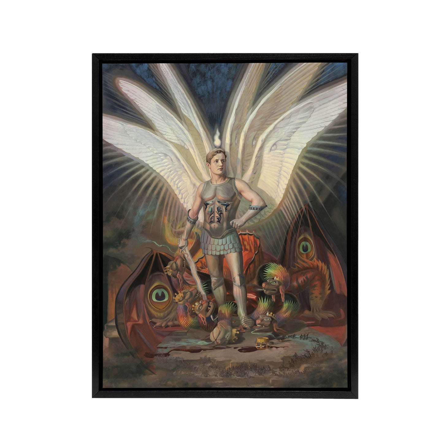 Wasastjerna Archangel Michael Defeating the Dragon Black Framed Canvas Art