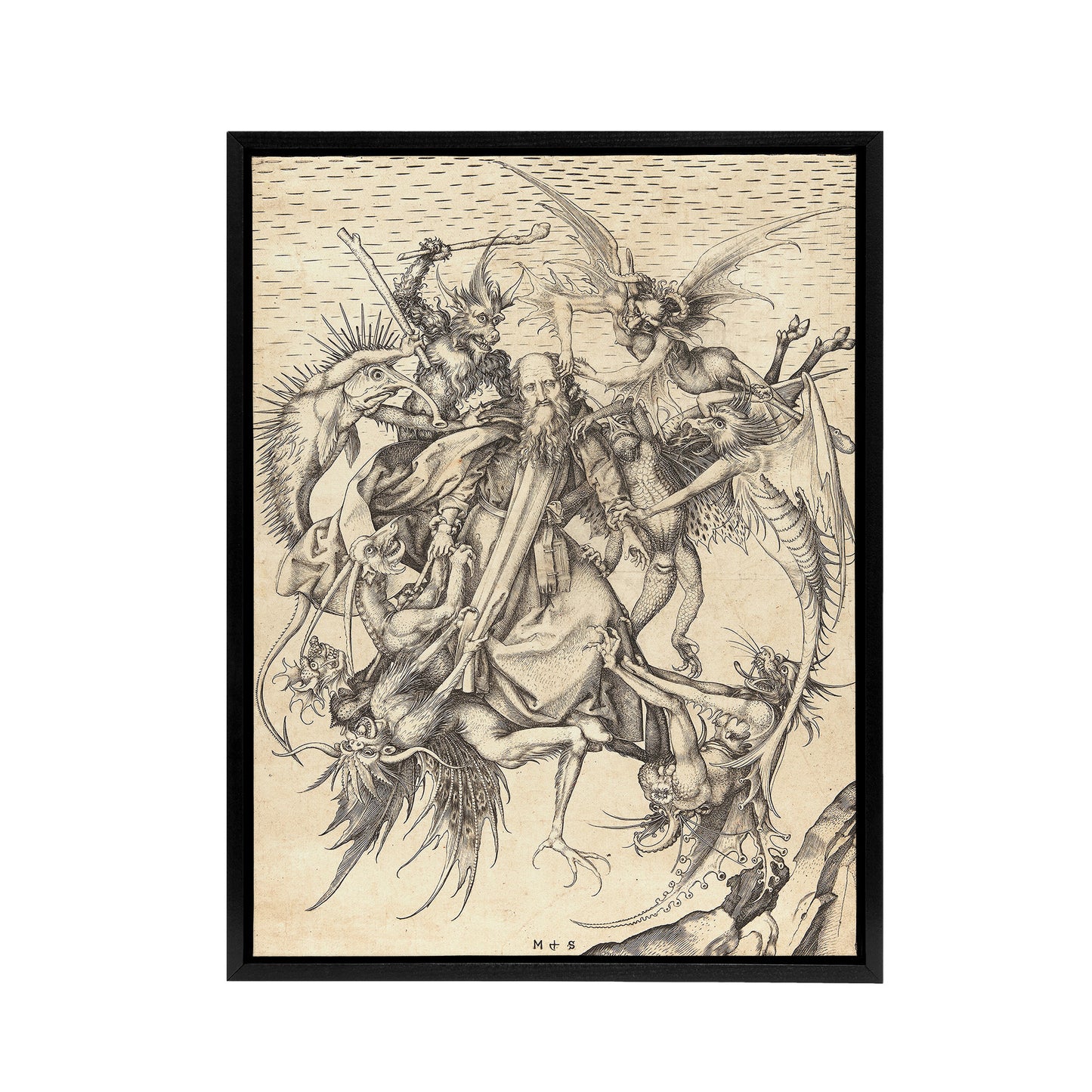 Schongauer Temptation Saint Anthony Black Framed Canvas Wall Art Print