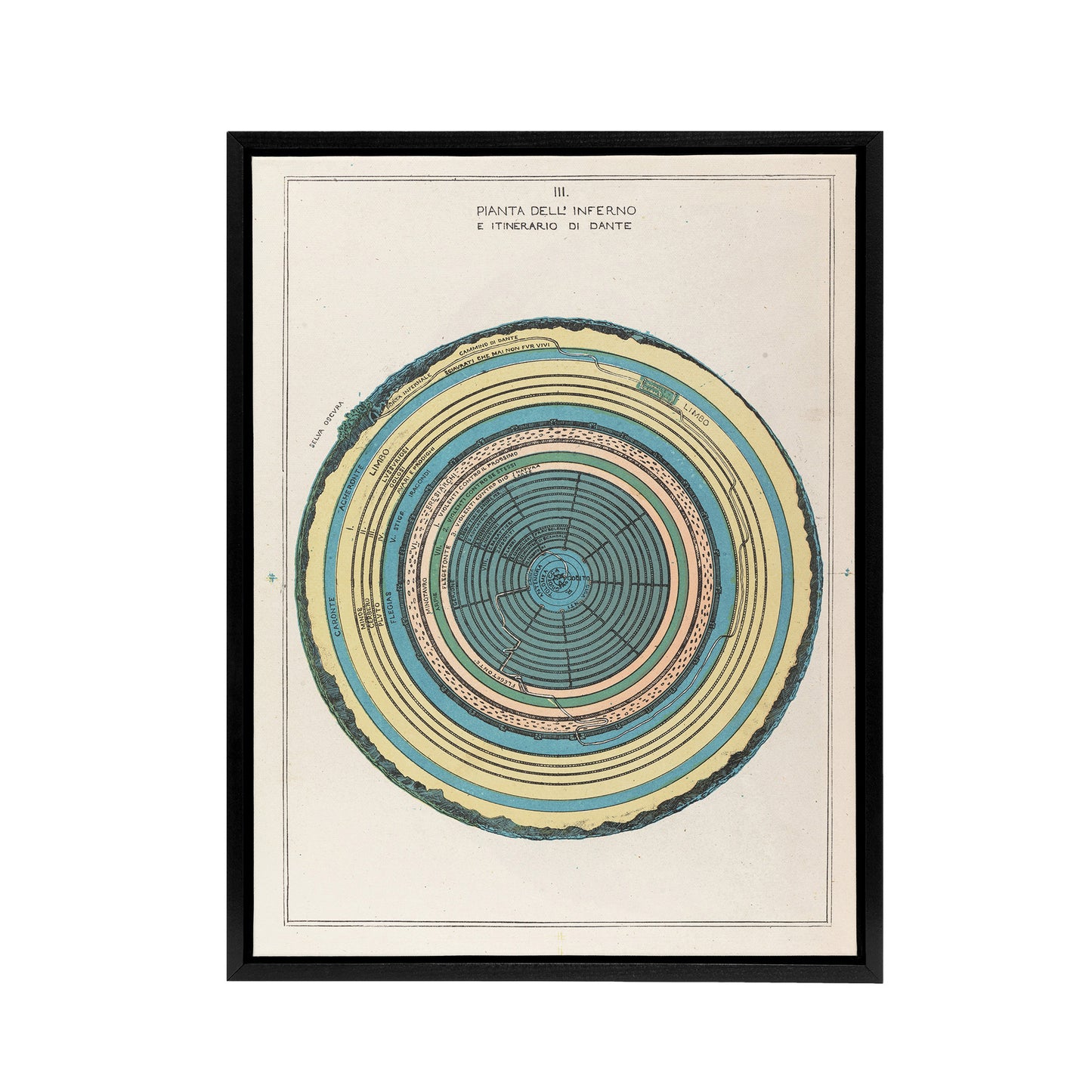 Caetani 1855 Map Hell Plan Dante's Journey Black Framed Canvas Art Print