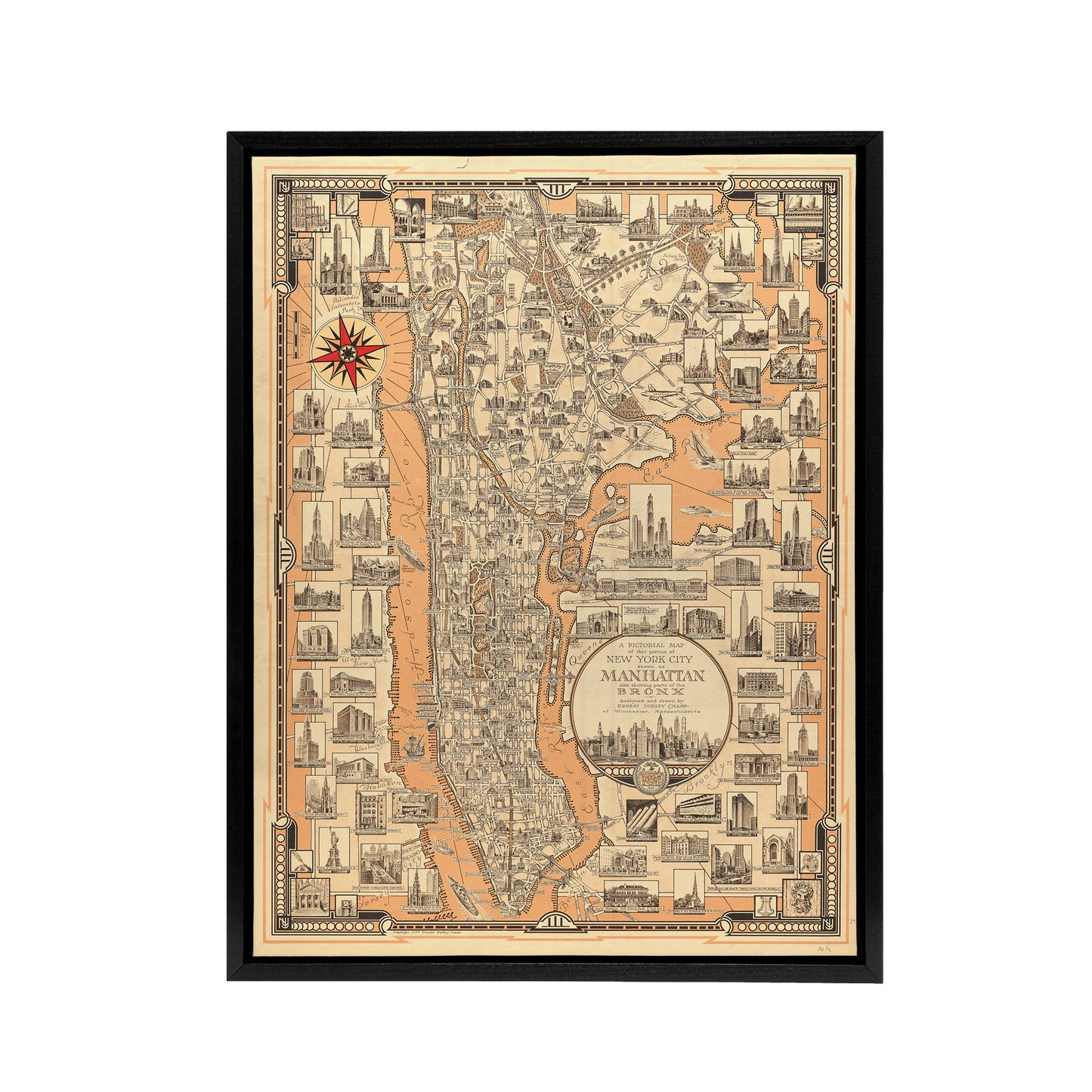 Chase 1939 Pictorial Map Manhattan And Bronx Black Framed Canvas Wall Art