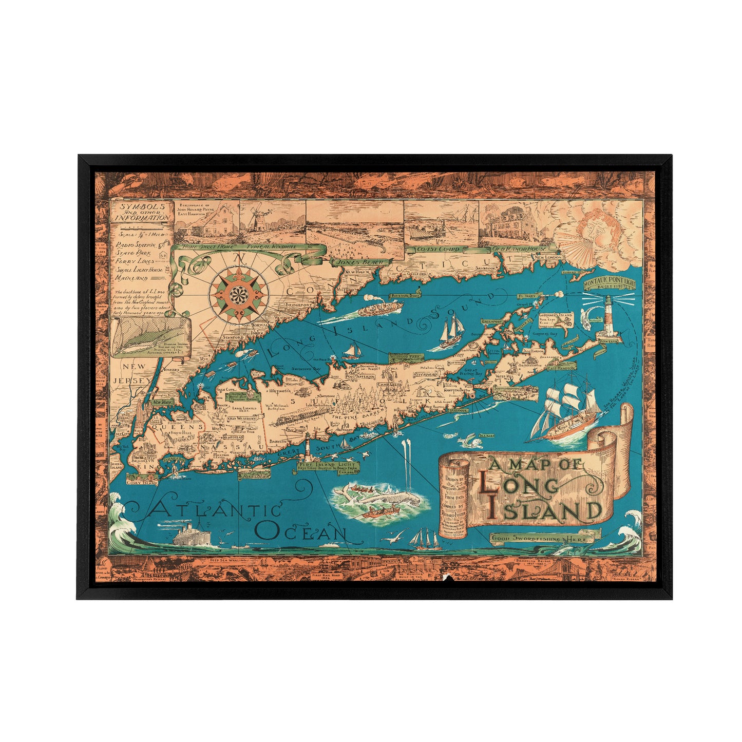 Vintage Map of Long Island New York Black Framed Canvas Wall Art Print