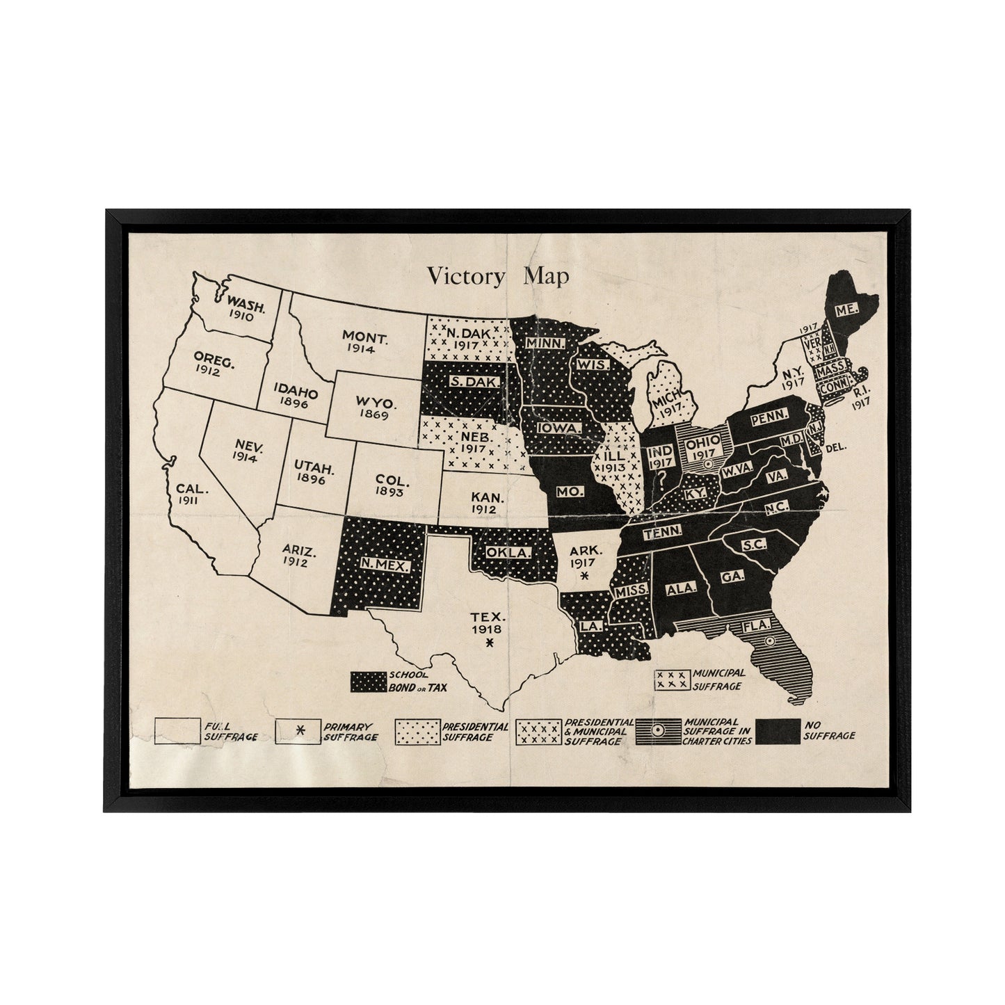 1919 Women's Suffrage Map US Voting Rights Black Framed Canvas Art Print