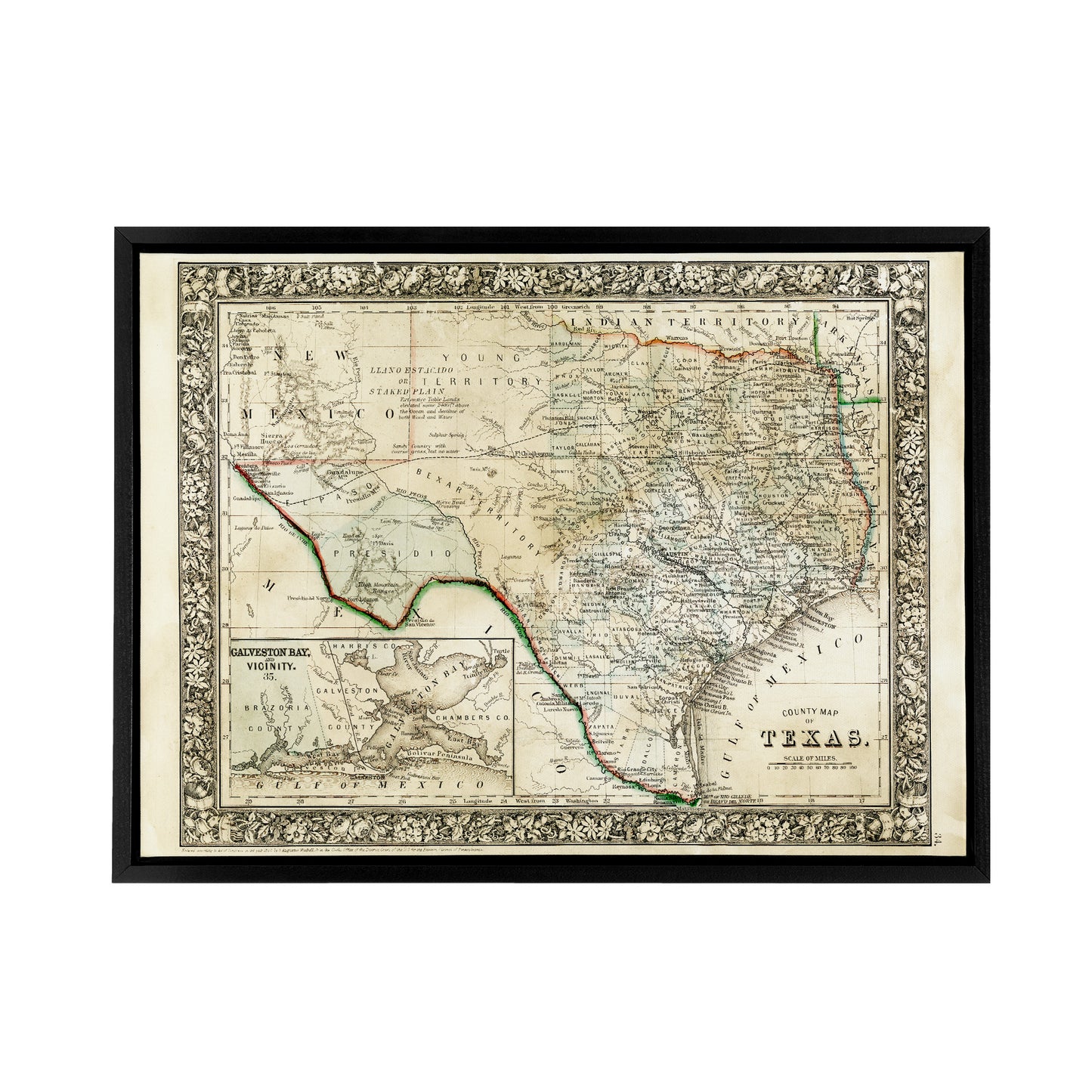 Mitchell 1860 Map Texas County USA State Black Framed Canvas Art Print
