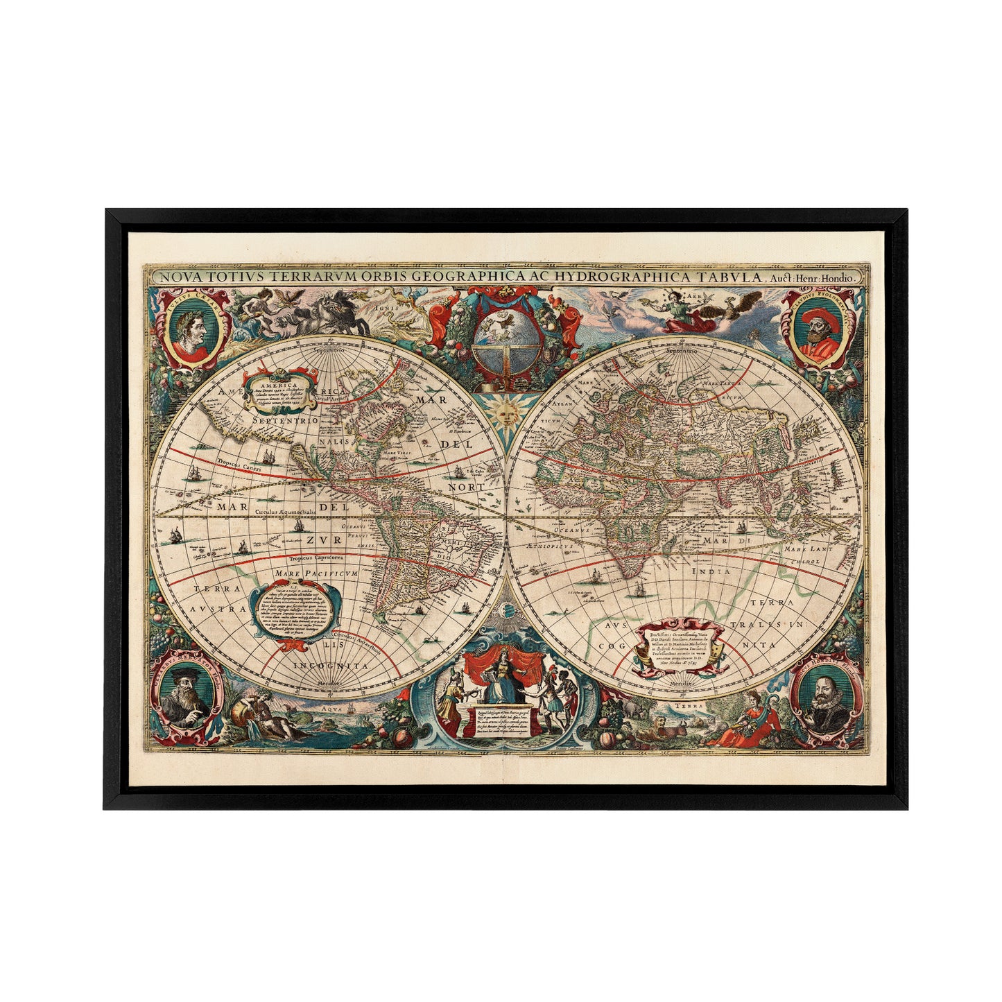 Hondius Pictorial Map 1641 World Hemispheres Black Framed Canvas Wall Art