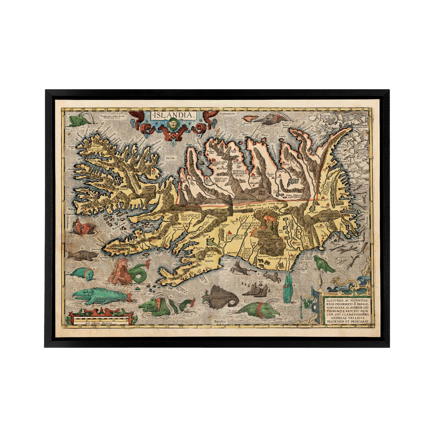 1585 Iceland Pictorial Map With Sea Monsters Black Framed Canvas Wall Art