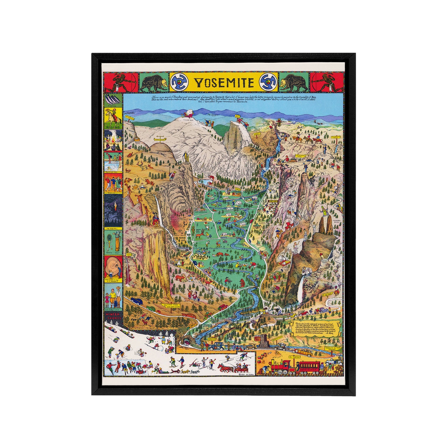Map Mora 1931 Yosemite Valley Black Framed Canvas Wall Art Print
