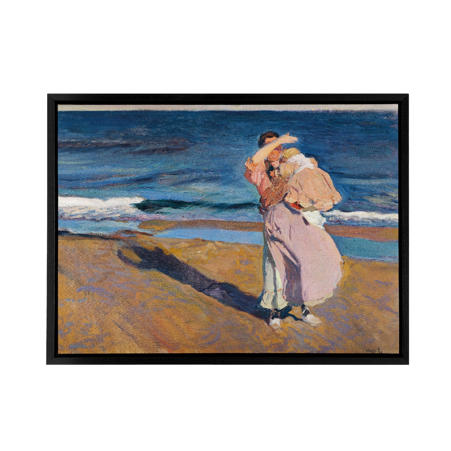 Sorolla Fisherwomen With Her Son Black Framed Canvas Wall Art Print