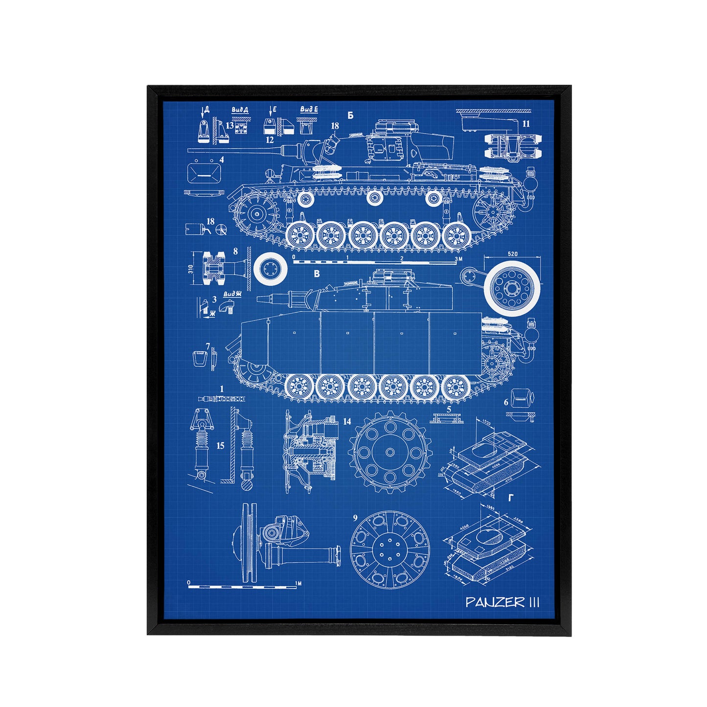 Panzer III 3 German Tank Blueprint Black Framed Canvas Wall Art Print