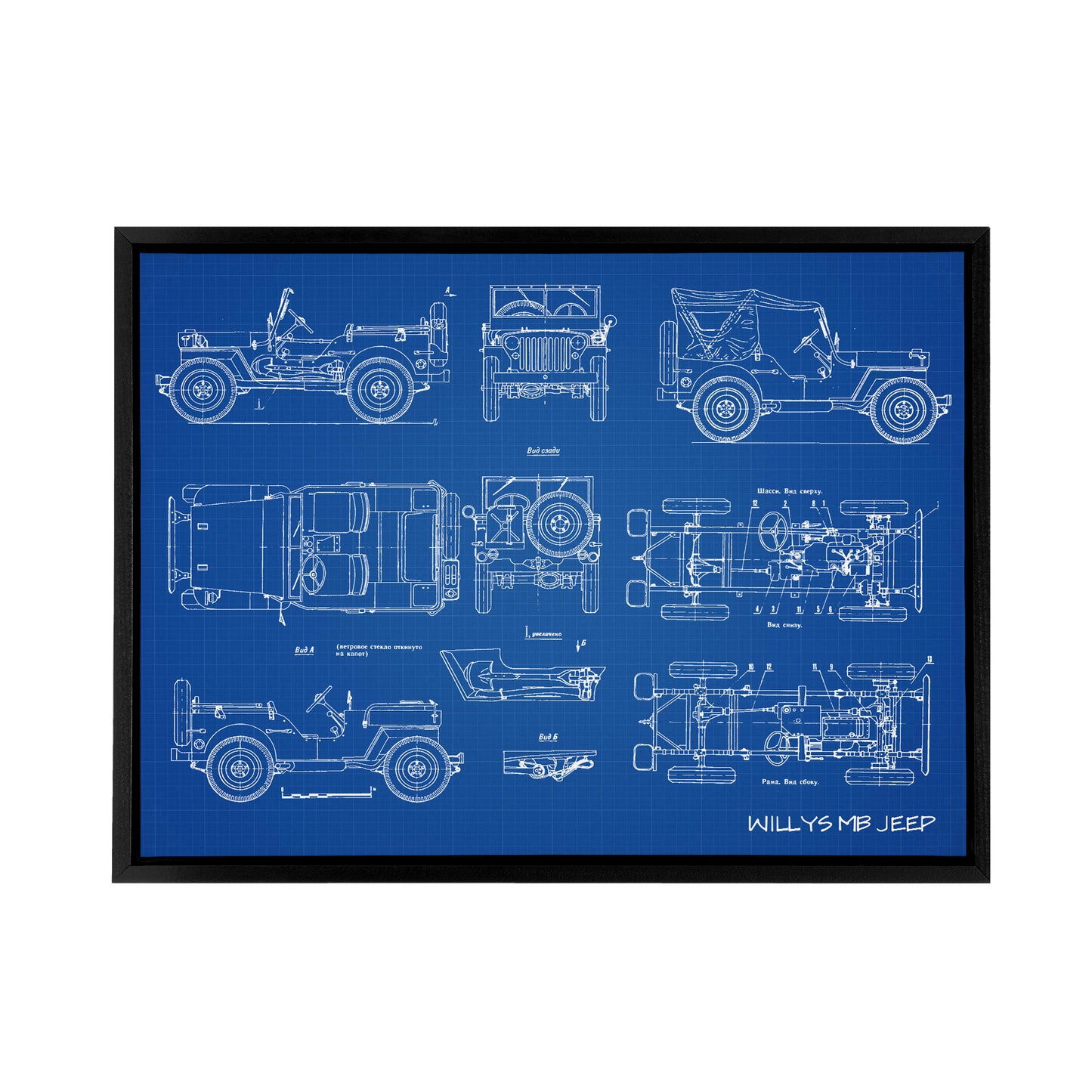 Willys MB US Military Jeep Blueprint Black Framed Canvas Wall Art Print